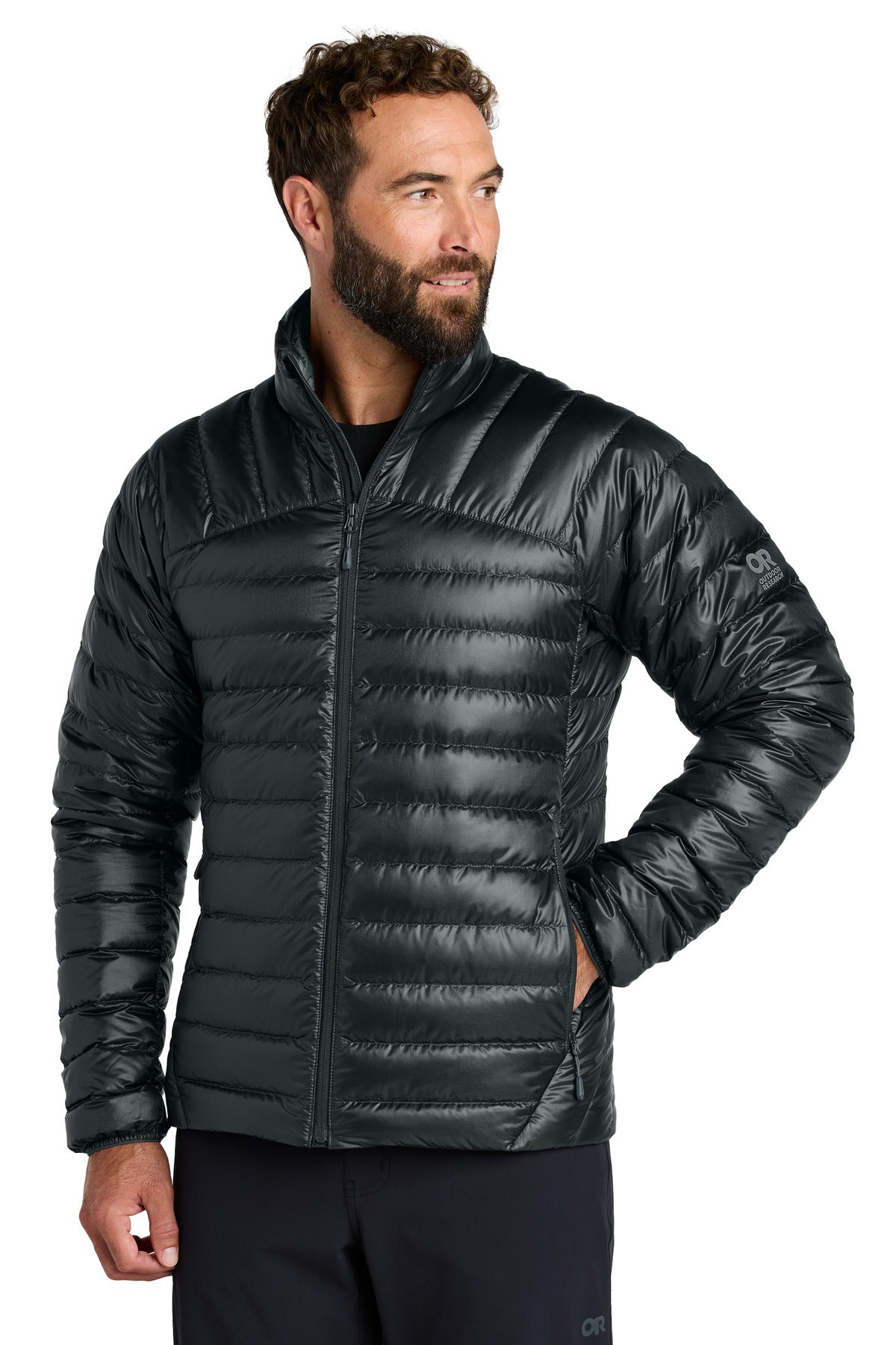 Front View of Black LIMITED EDITION Outdoor Research 800 Tech Down Jacket OR322228 plain