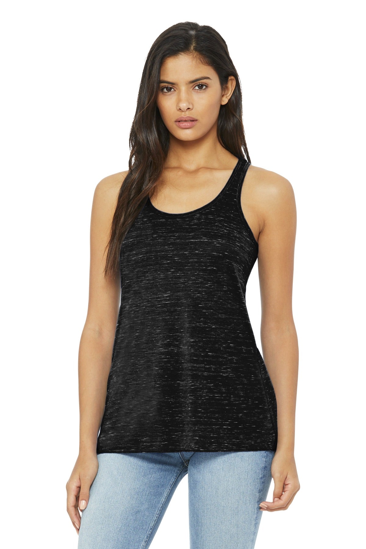 Front View of Black Marble BELLA+CANVAS Women's Flowy Racerback Tank. BC8800 plain