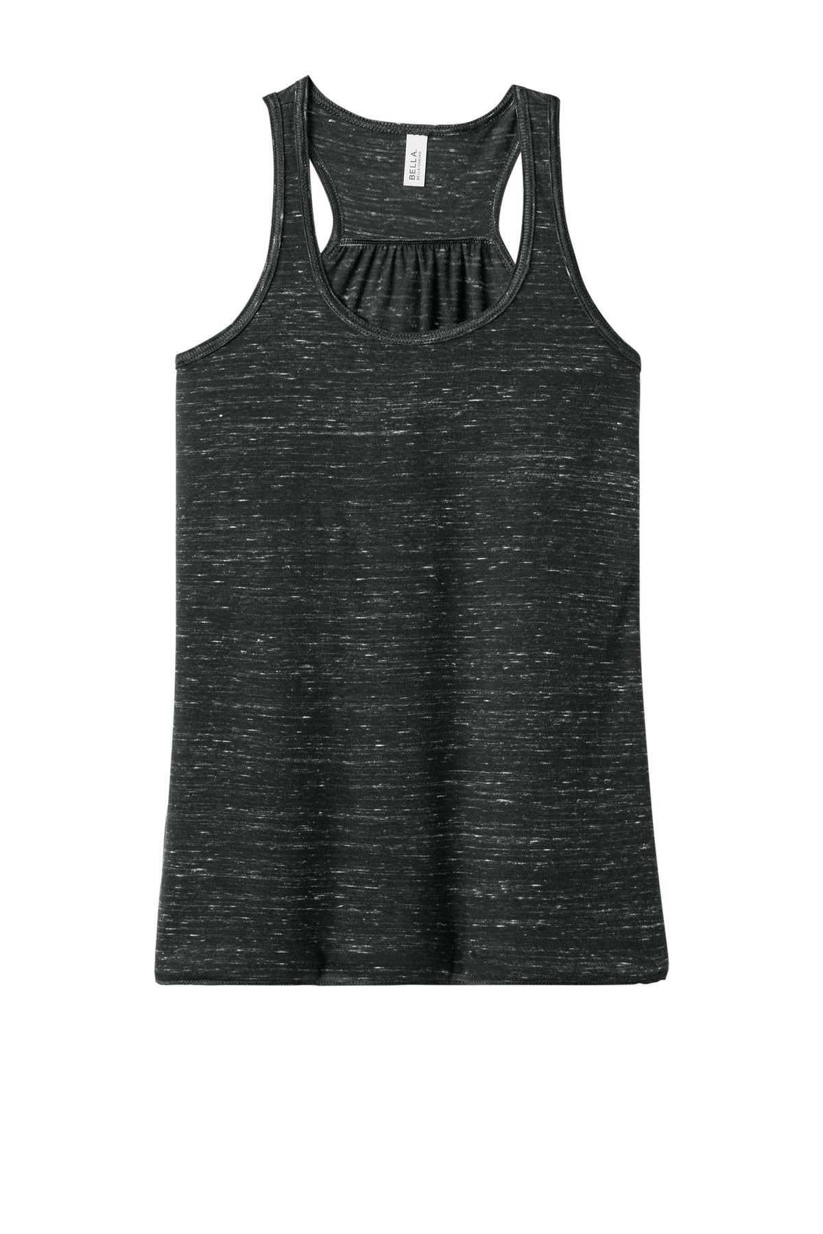 Front View of Black Marble BELLA+CANVAS Women's Flowy Racerback Tank. BC8800 plain