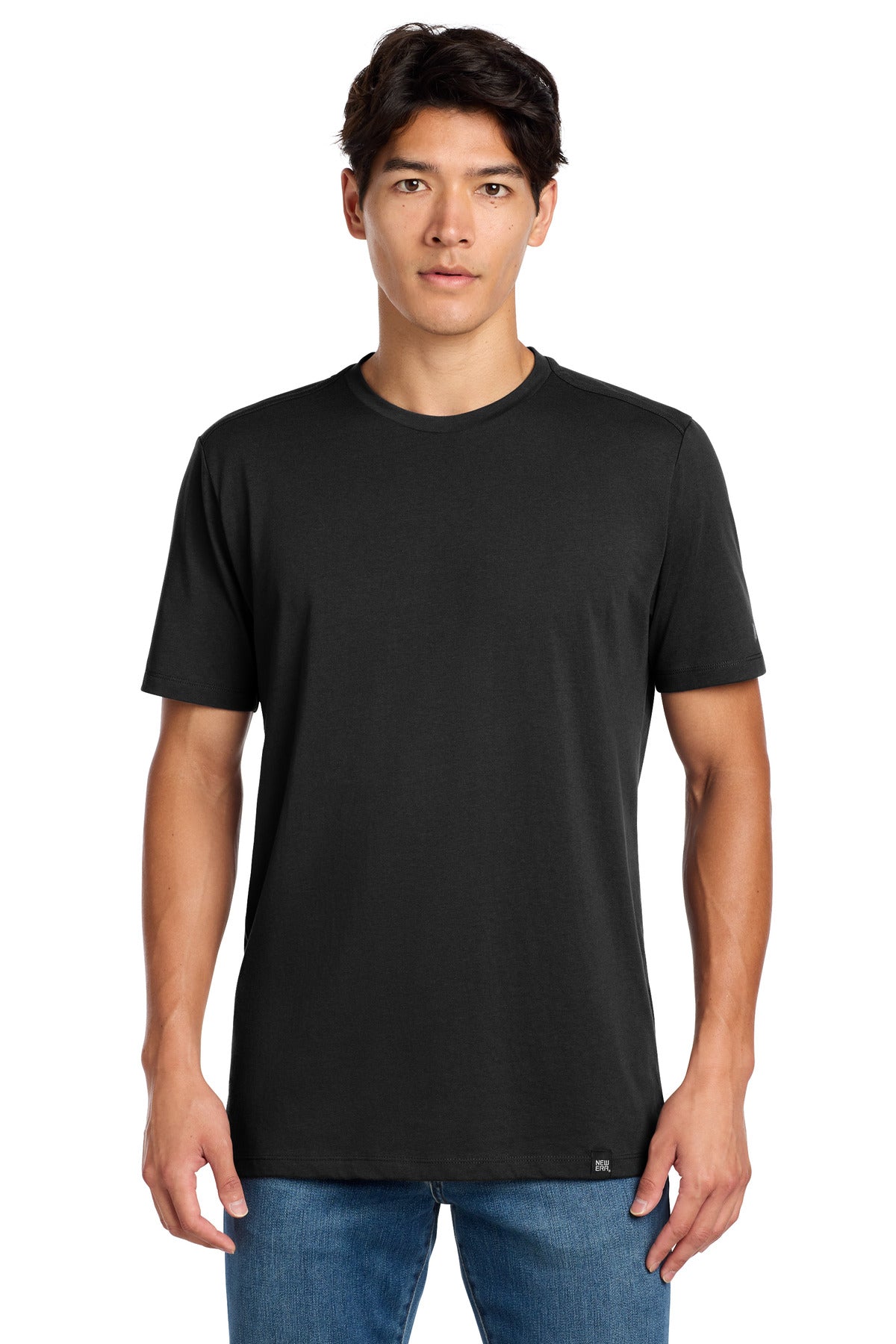 Front View of Black New Era Heritage Blend Crew Tee. NEA100 plain