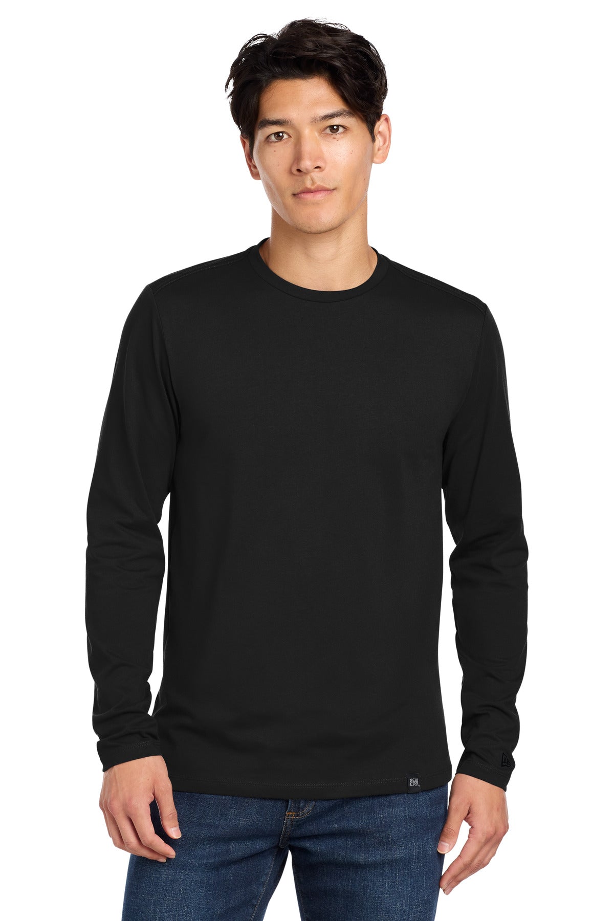 Front View of Black New Era Heritage Blend Long Sleeve Crew Tee. NEA102 plain