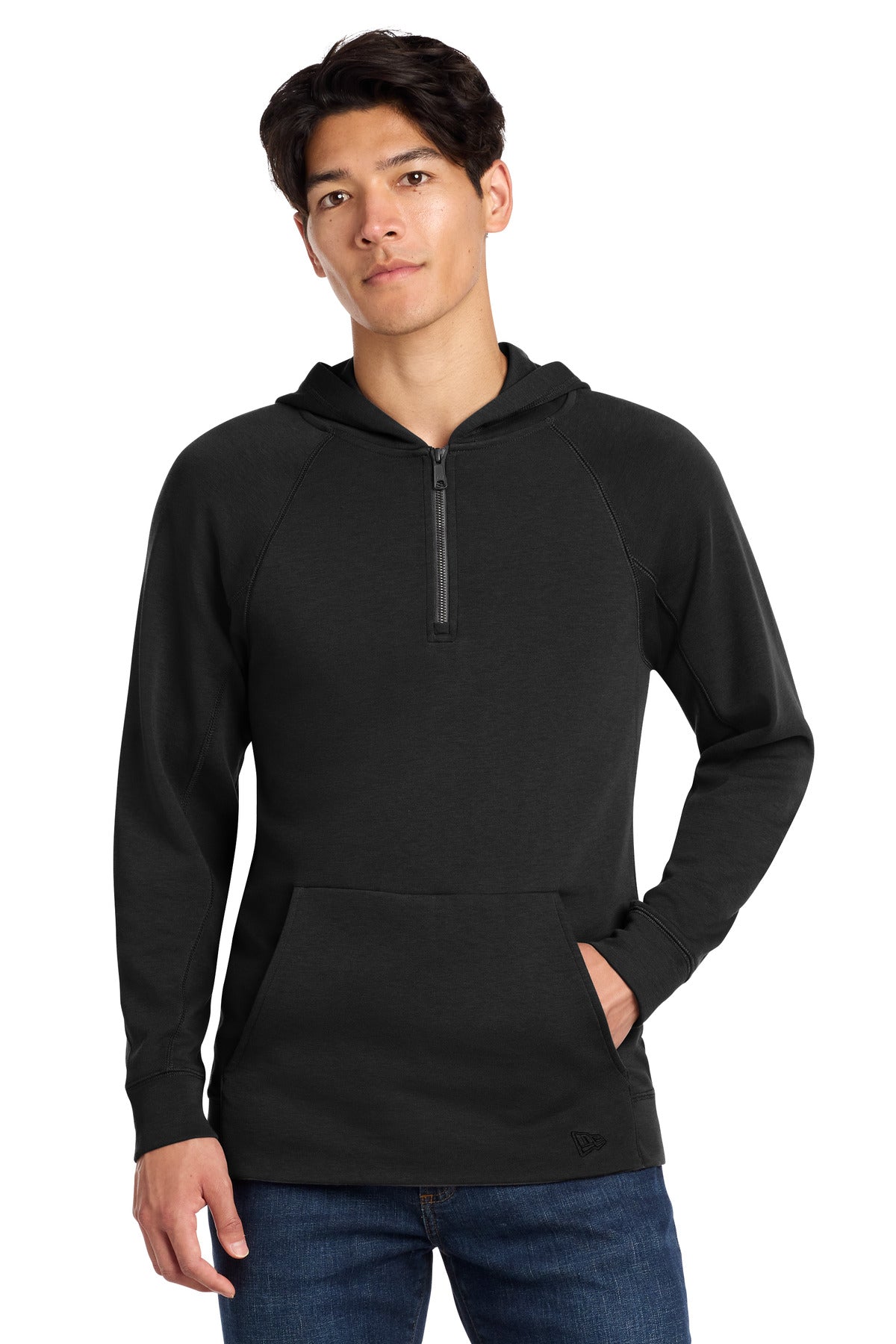 Front View of Black New Era STS 1/4-Zip Hoodie NEA541 plain