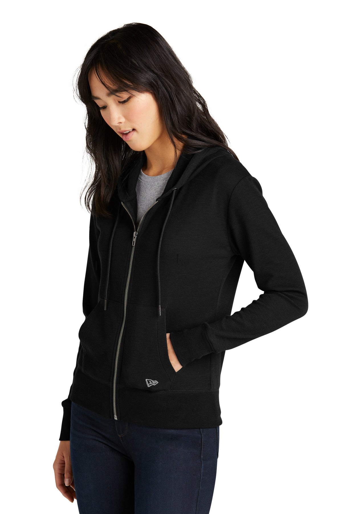 Front View of Black New Era Women's Thermal Full-Zip Hoodie LNEA141 plain