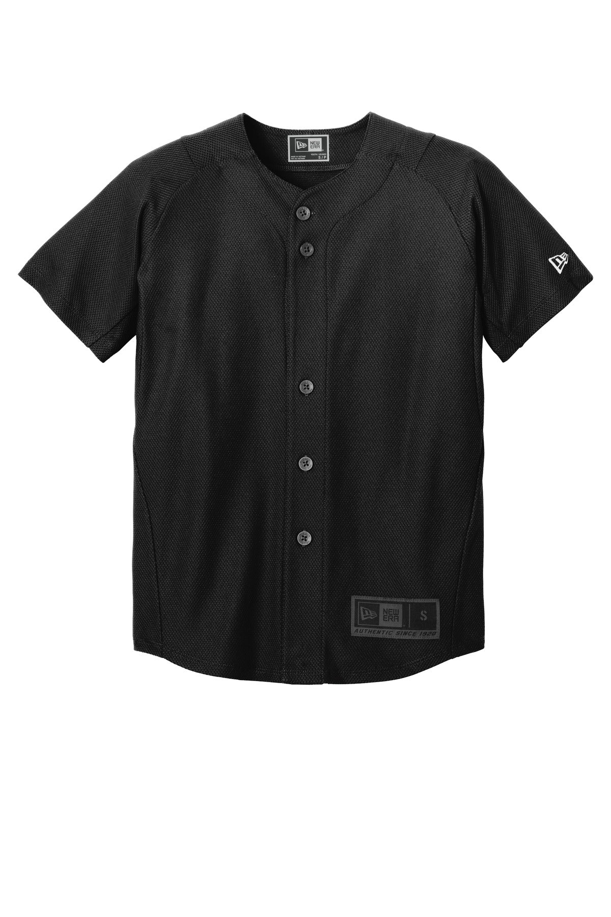 Front View of Black New Era Youth Diamond Era Full-Button Jersey. YNEA220 plain