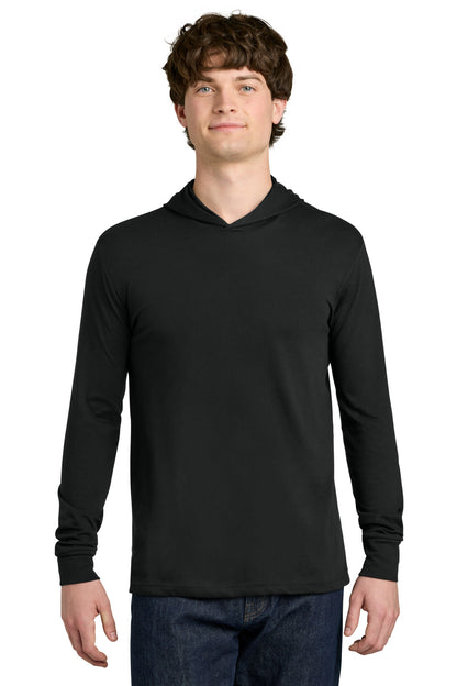 Front View of Black Next Level Apparel CVC Long Sleeve Hoodie NL6221 plain