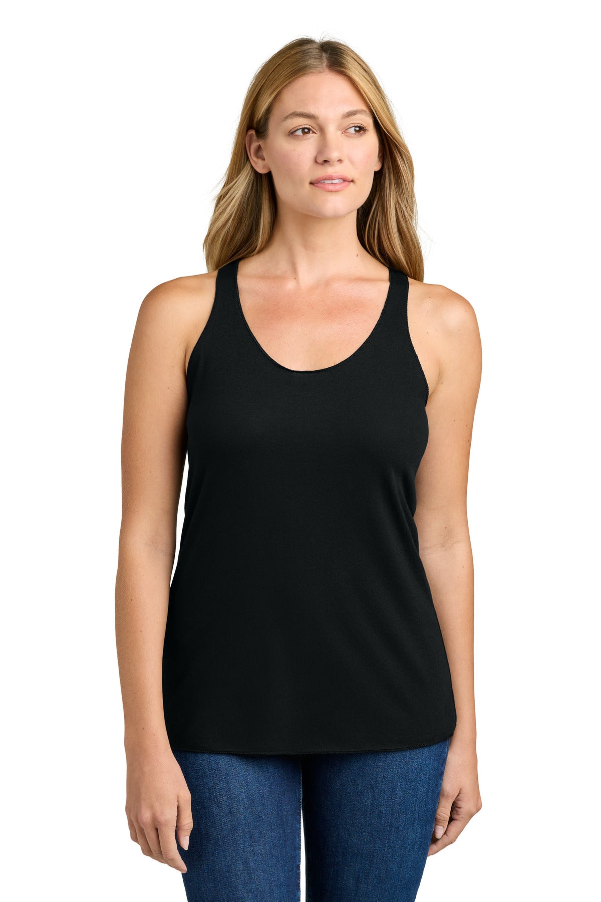 Front View of Black Next Level Apparel Women's Tri-Blend Racerback Tank. NL6733 plain
