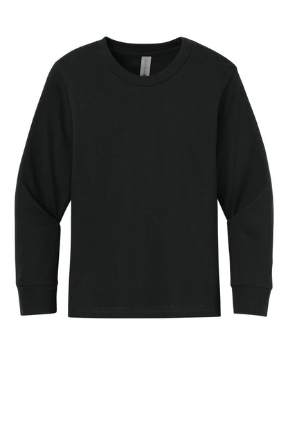 Front View of Black Next Level Apparel Youth Cotton Long Sleeve Tee NL3311 plain