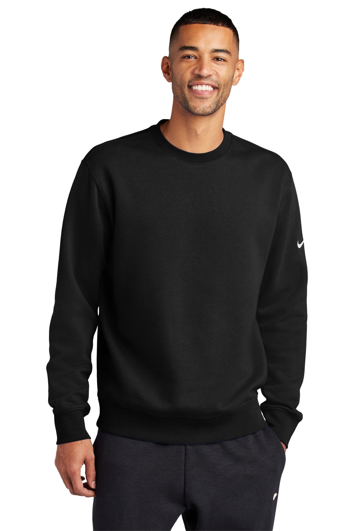 Front View of Black Nike Club Fleece Sleeve Swoosh Crew NKFD9863 plain