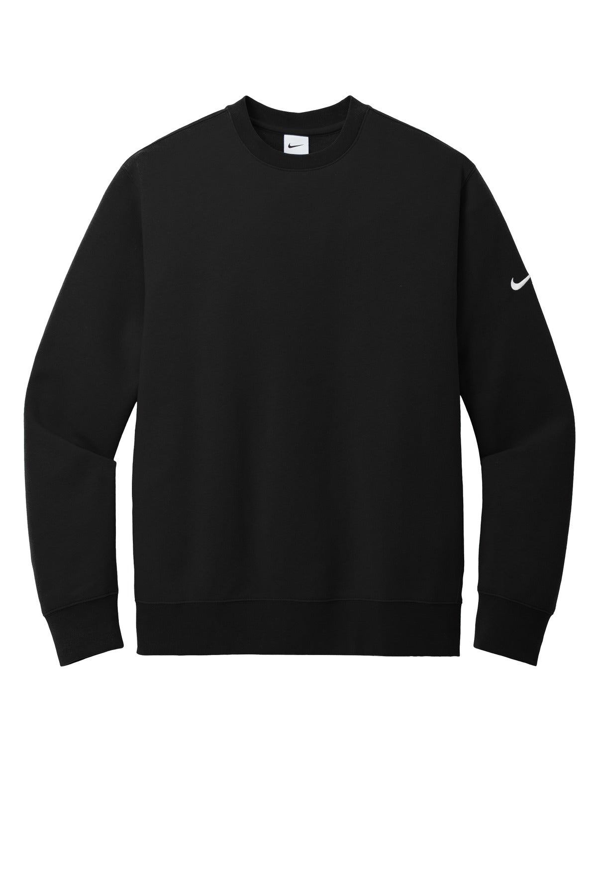 Front View of Black Nike Club Fleece Sleeve Swoosh Crew NKFD9863 plain