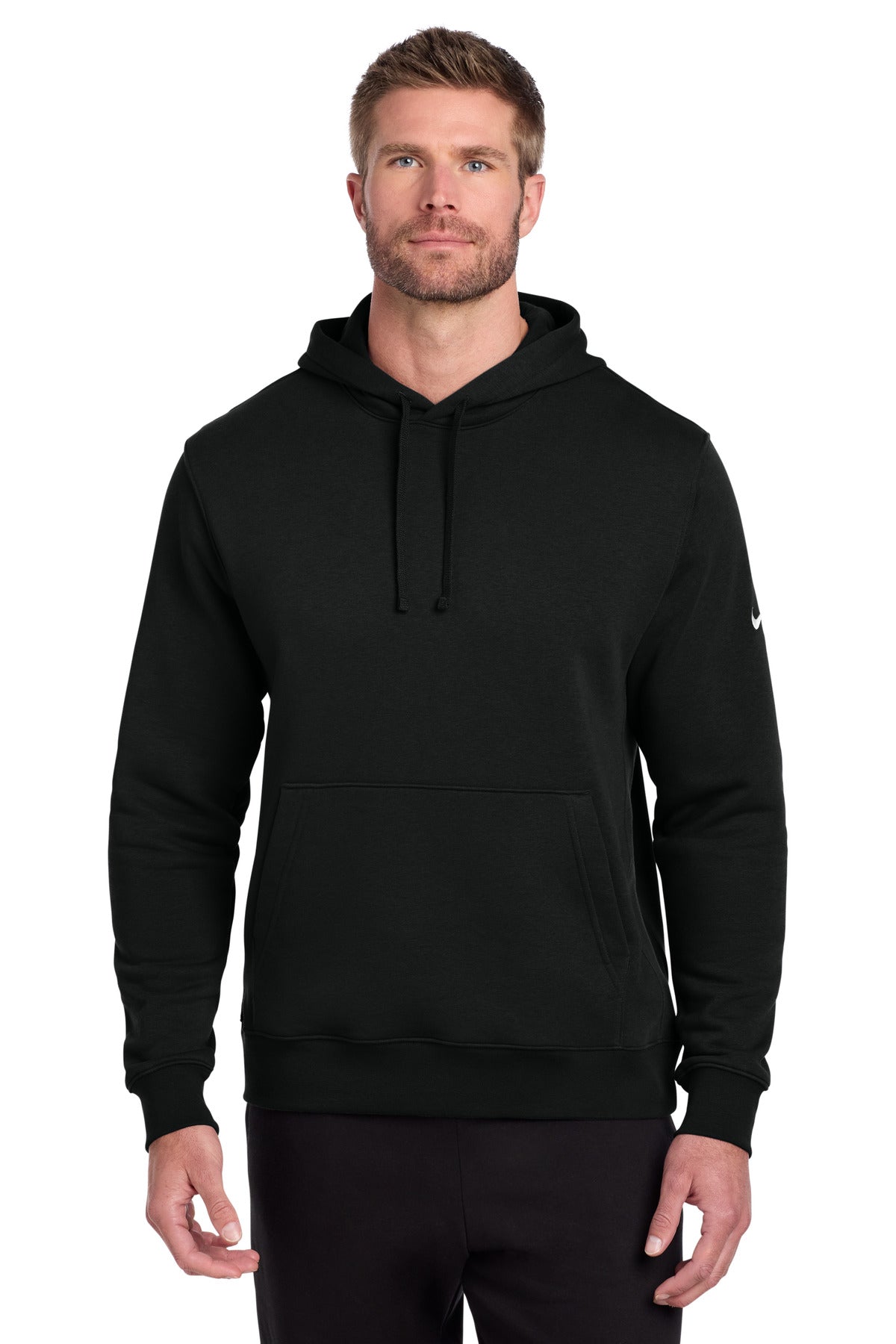 Front View of Black Nike Club Fleece Sleeve Swoosh Pullover Hoodie NKDR1499 plain
