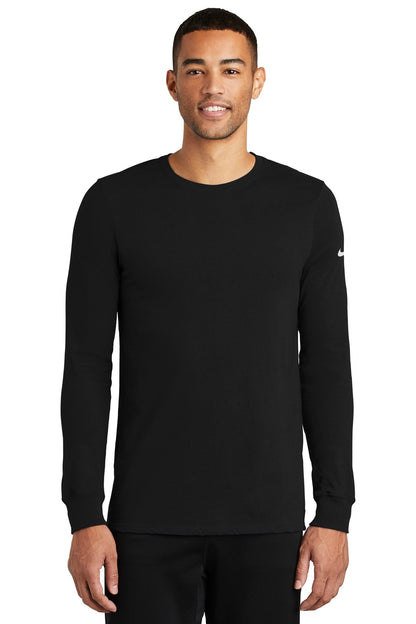 Front View of Black Nike Dri-FIT Cotton/Poly Long Sleeve Tee. NKBQ5230 plain