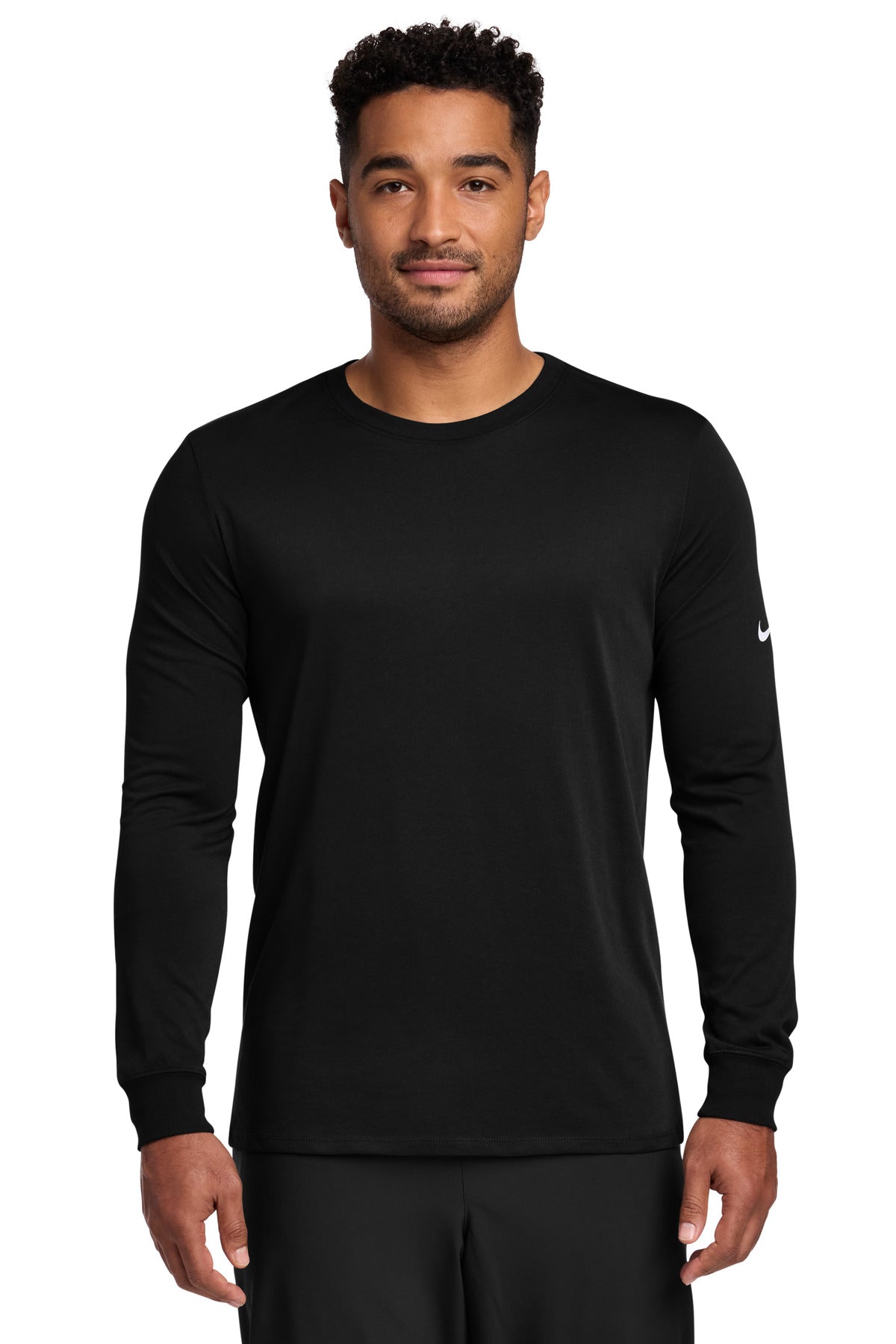 Front View of Black Nike Dri-FIT Cotton/Poly Long Sleeve Tee. NKBQ5230 plain