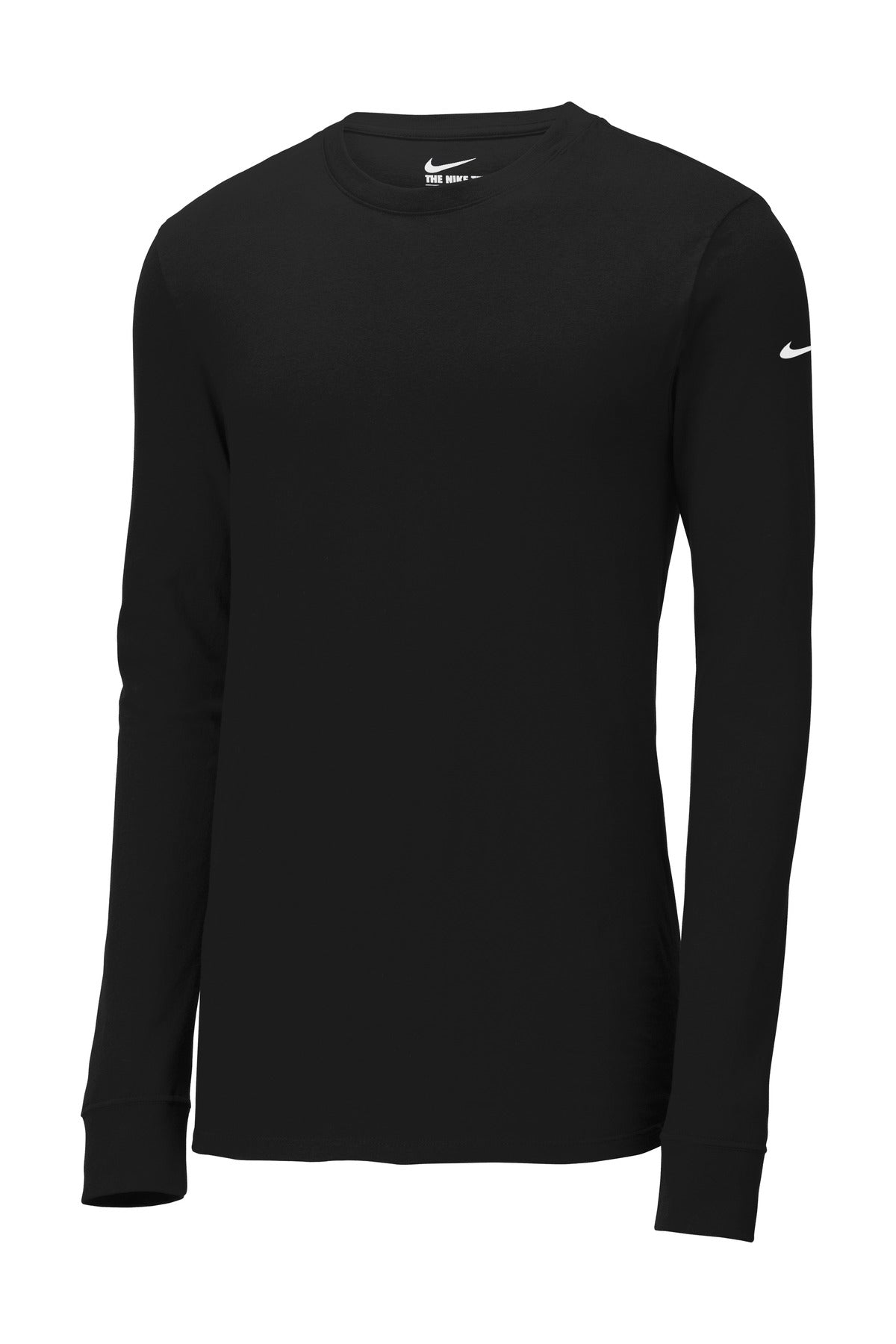 Front View of Black Nike Dri-FIT Cotton/Poly Long Sleeve Tee. NKBQ5230 plain