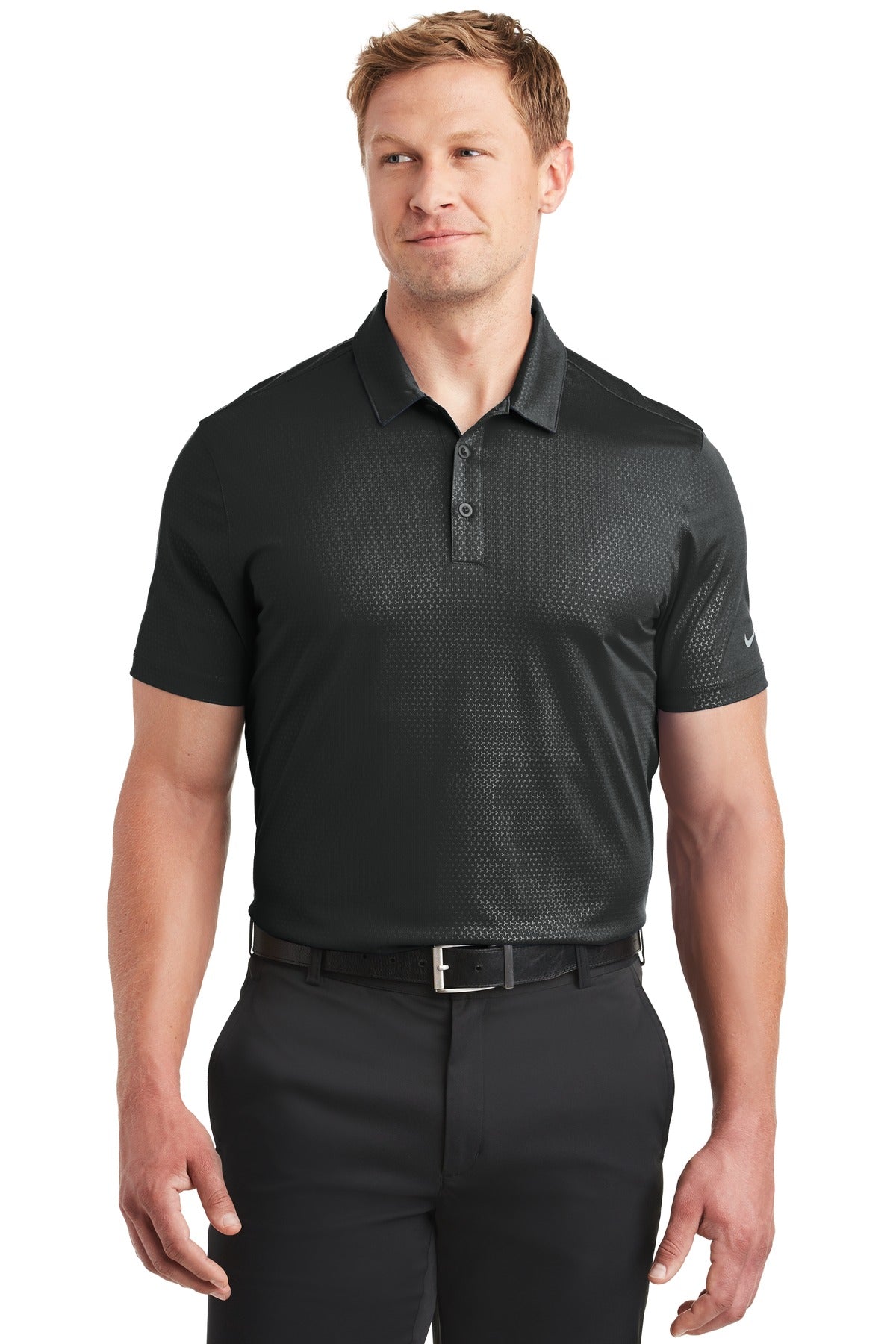 Front View of Black Nike Dri-FIT Embossed Tri-Blade Polo. 838964 plain