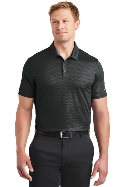 Front View of Black Nike Dri-FIT Embossed Tri-Blade Polo. 838964 plain