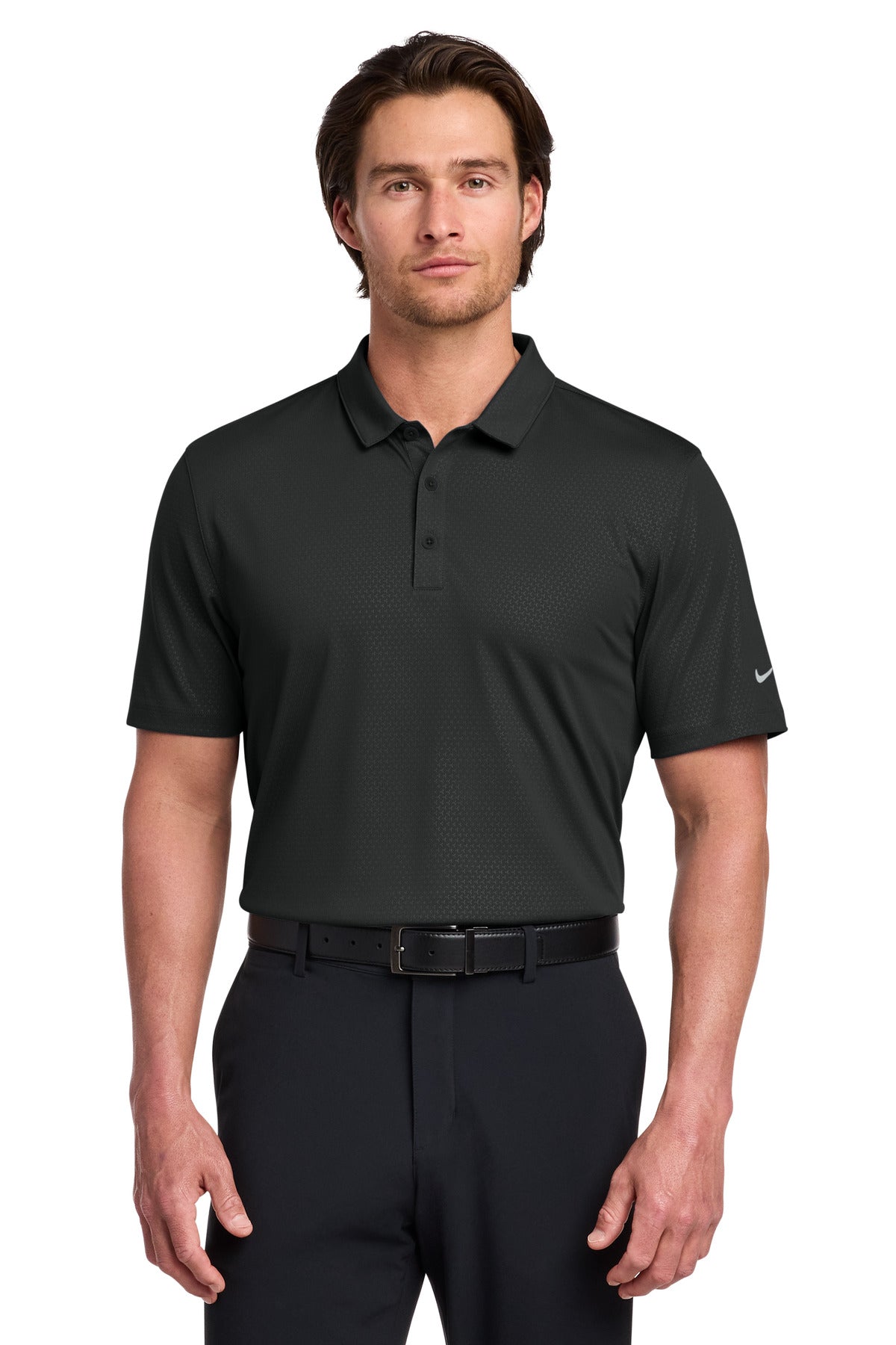Front View of Black Nike Dri-FIT Embossed Tri-Blade Polo. 838964 plain