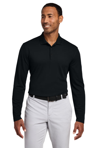 Front View of Black Nike Dri-FIT Micro Pique 2.0 Long Sleeve Polo NKDC2104 plain