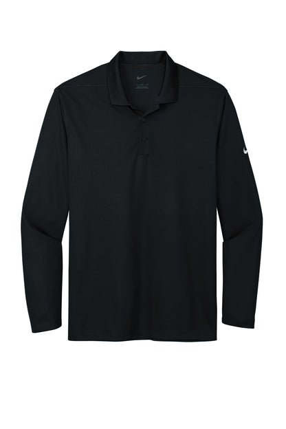 Front View of Black Nike Dri-FIT Micro Pique 2.0 Long Sleeve Polo NKDC2104 plain