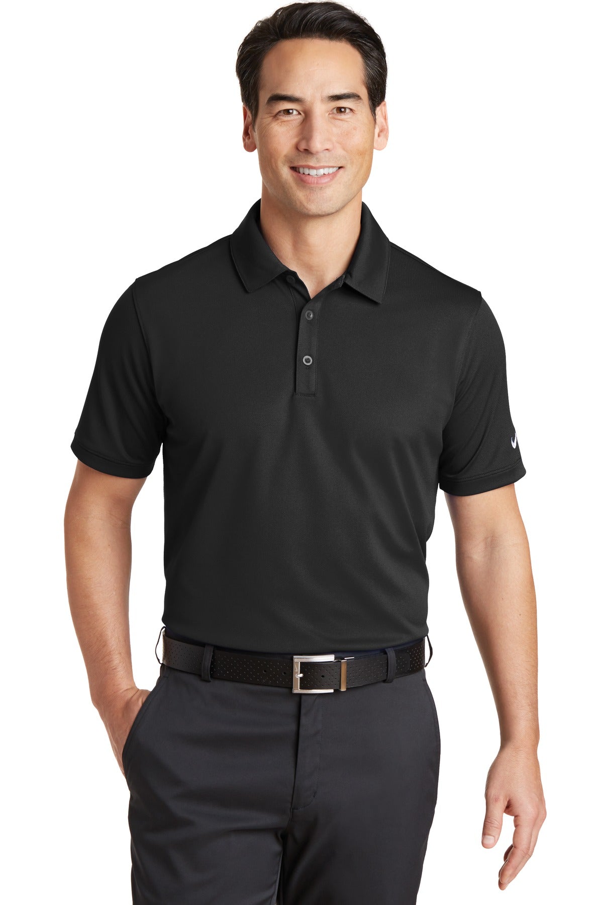 Front View of Black Nike Dri-FIT Solid Icon Pique Modern Fit Polo. 746099 plain