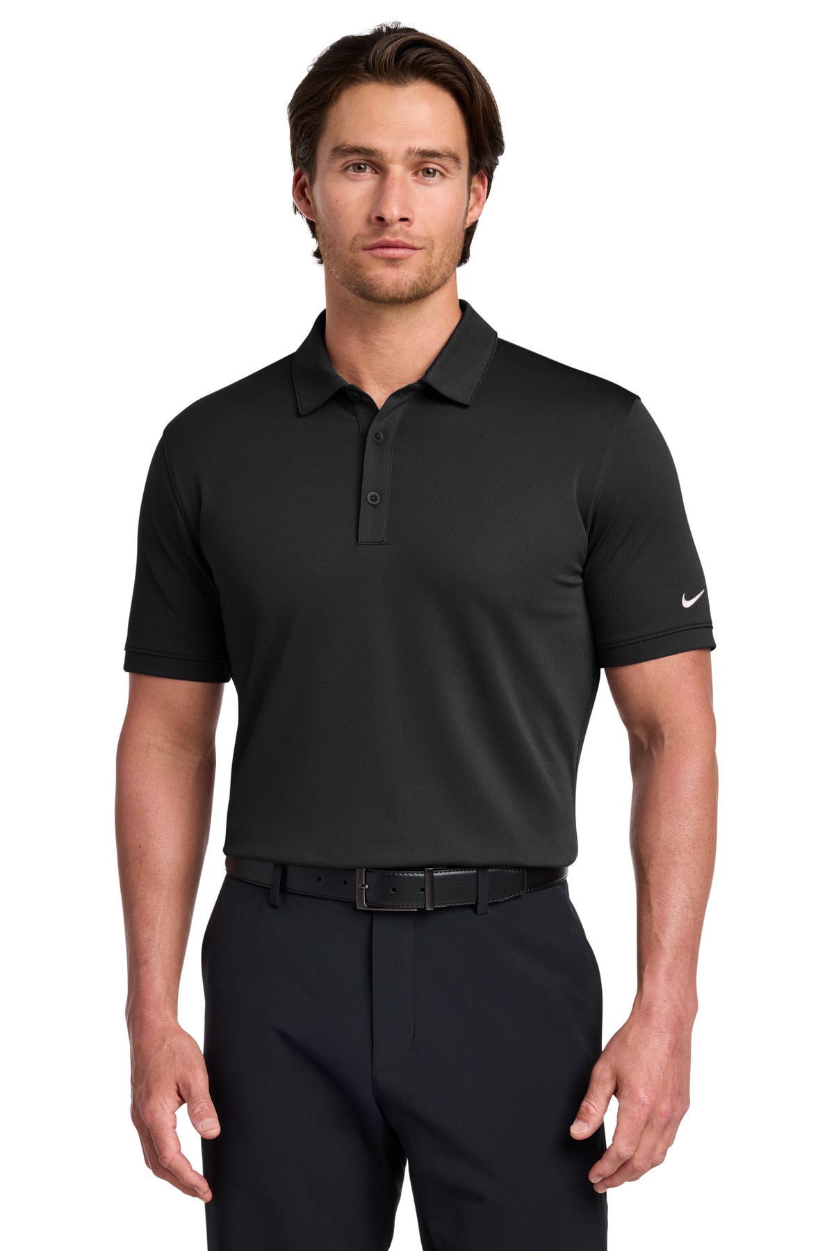 Front View of Black Nike Dri-FIT Solid Icon Pique Modern Fit Polo. 746099 plain