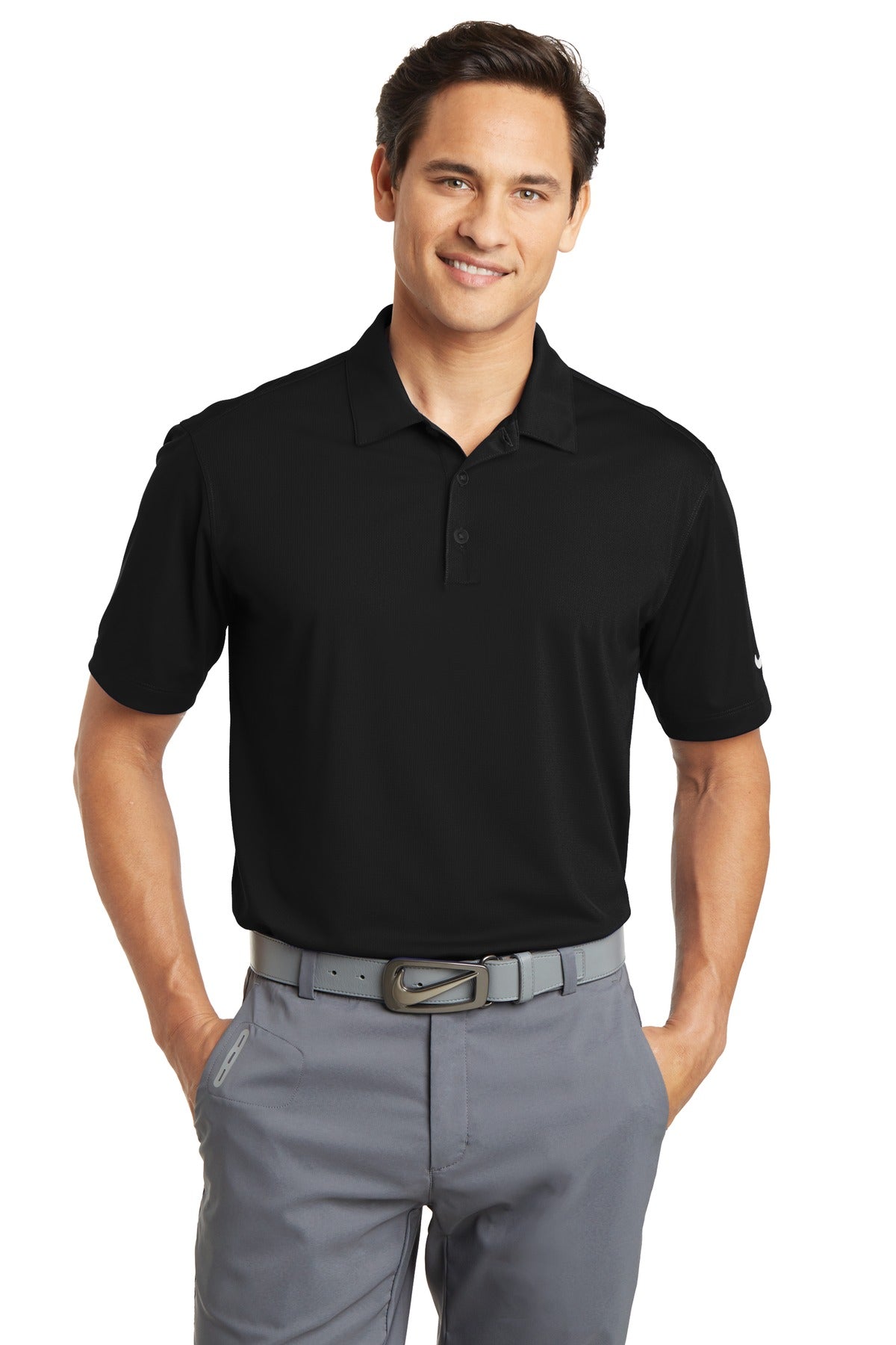 Front View of Black Nike Dri-FIT Vertical Mesh Polo. 637167 plain