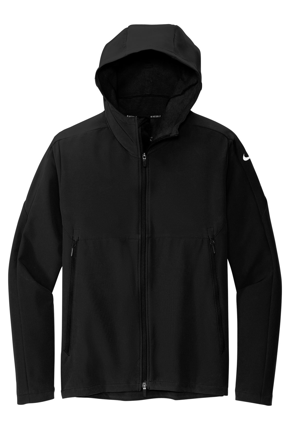 Front View of Black Nike Hooded Soft Shell Jacket NKDR1543 plain