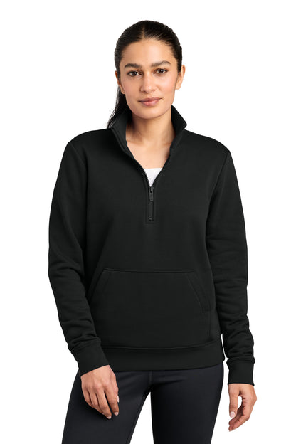 Front View of Black Nike Women's Club Fleece Sleeve Swoosh 1/2-Zip NKDX6720 plain