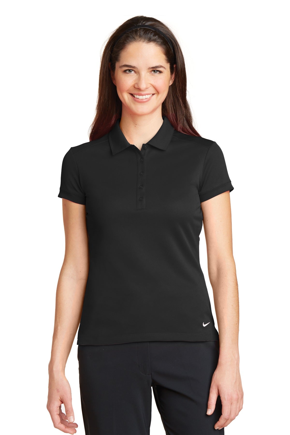 Front View of Black Nike Women's Dri-FIT Solid Icon Pique Modern Fit Polo. 746100 plain