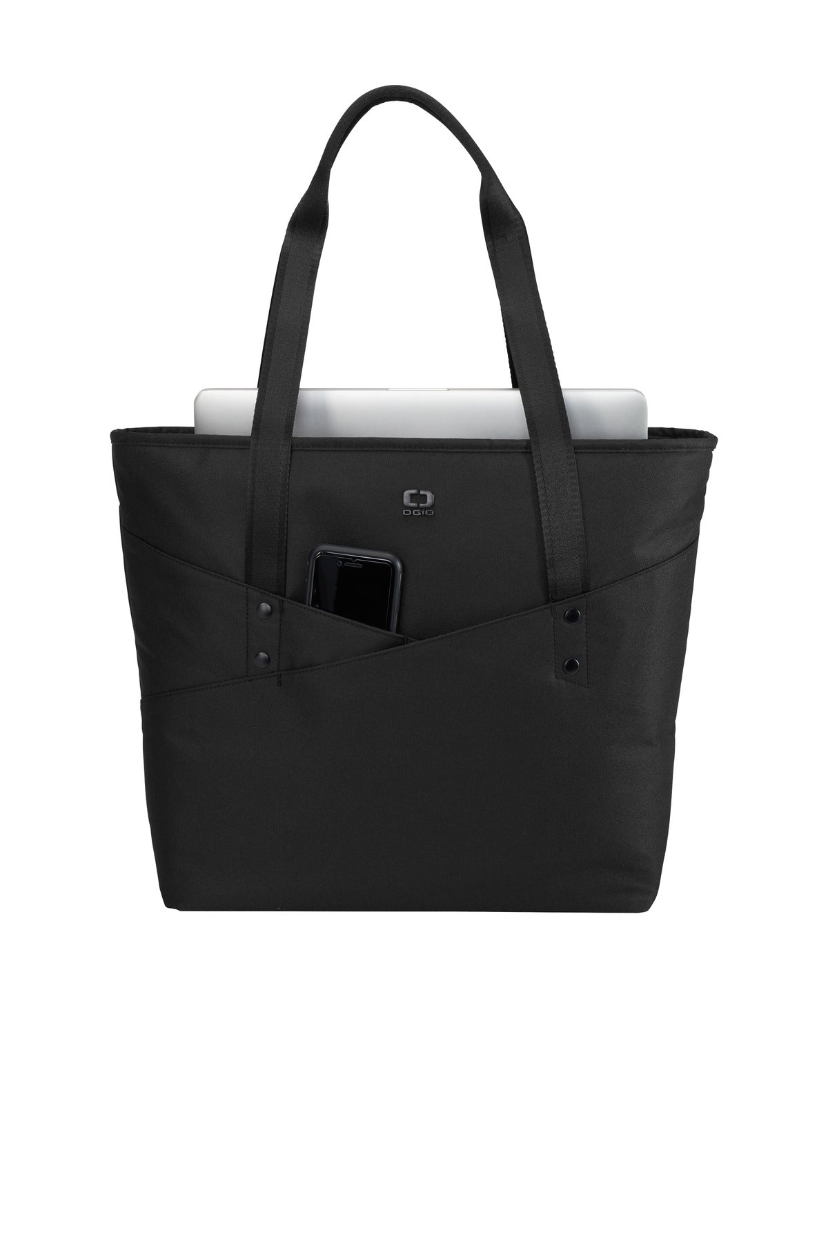 Front View of Black OGIO Downtown Tote. 94000 plain