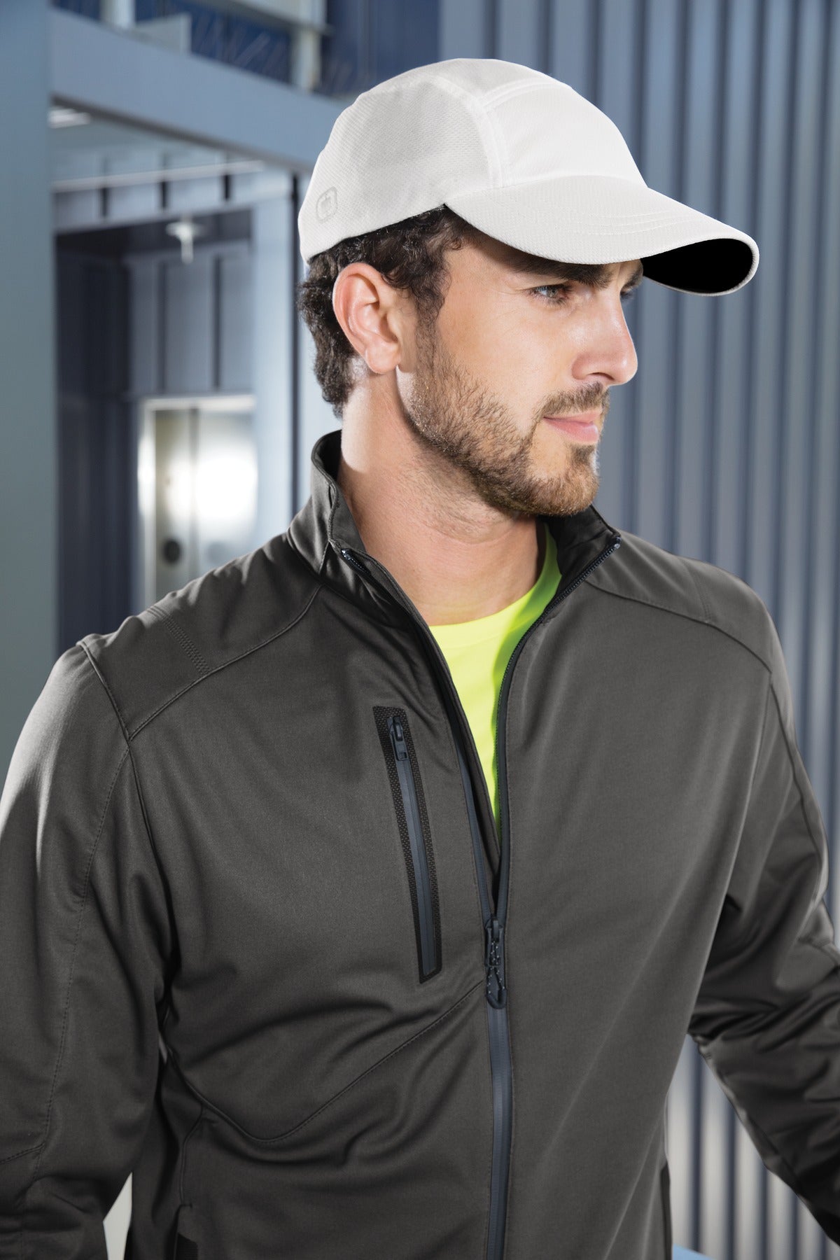Front View of Black OGIO Stride Mesh Cap. OE653 plain