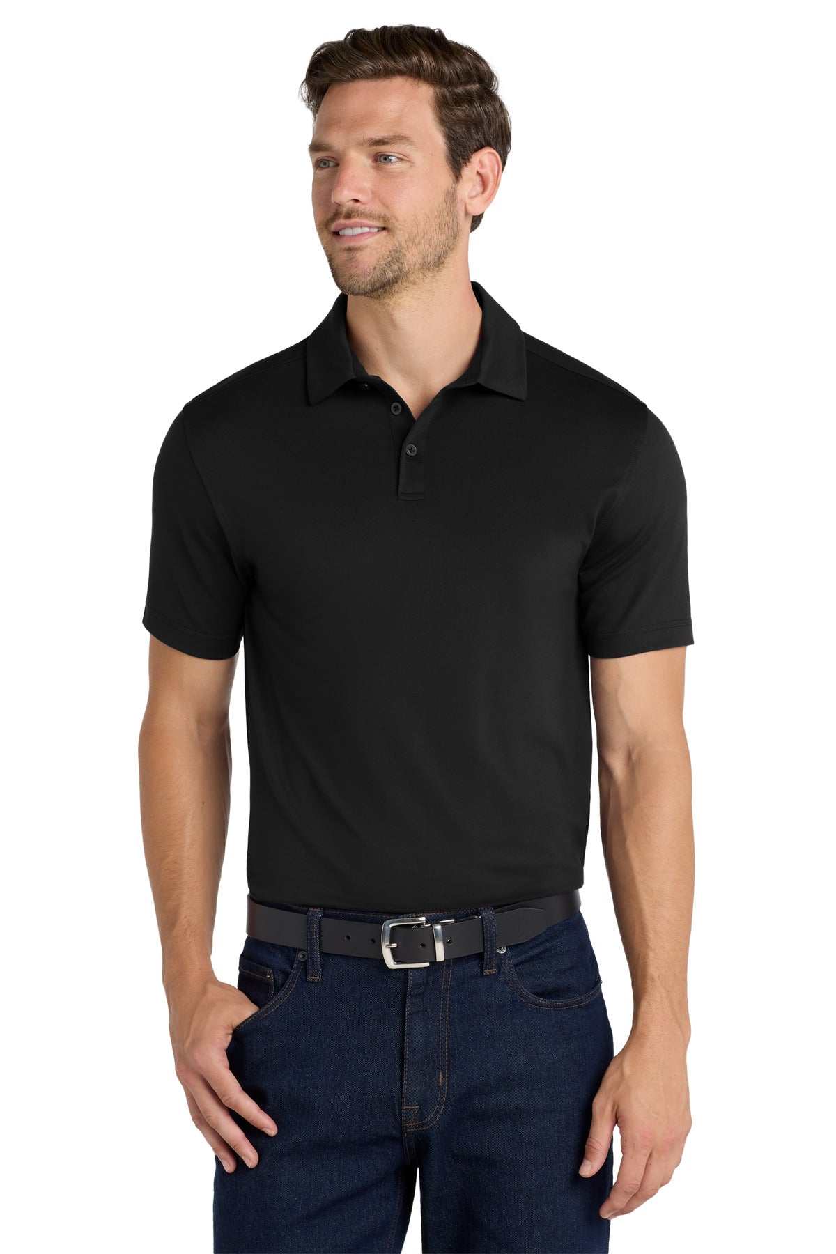 Front View of Black Port Authority City Stretch Polo K682 plain