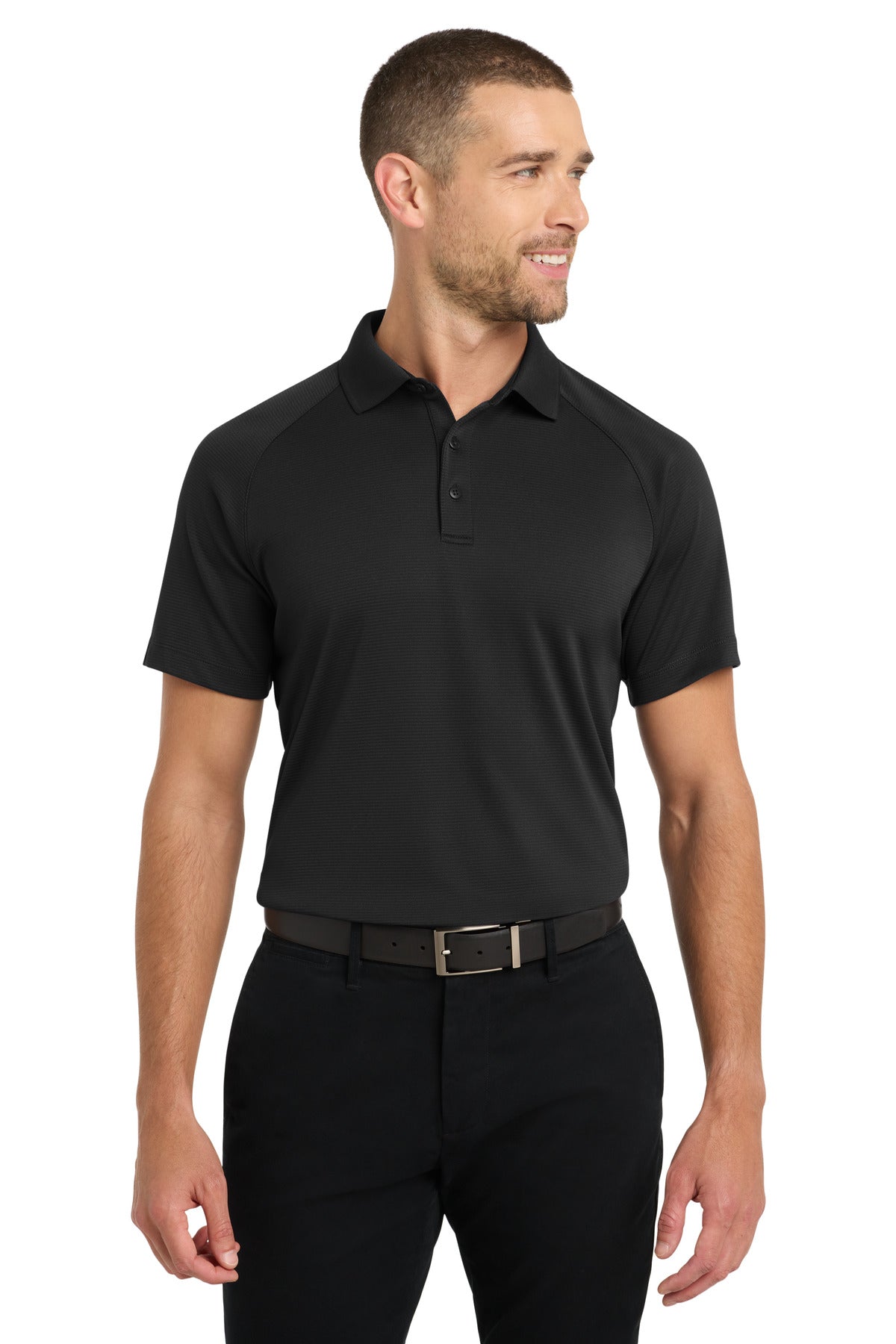 Front View of Black Port Authority Crossover Raglan Polo. K575 plain