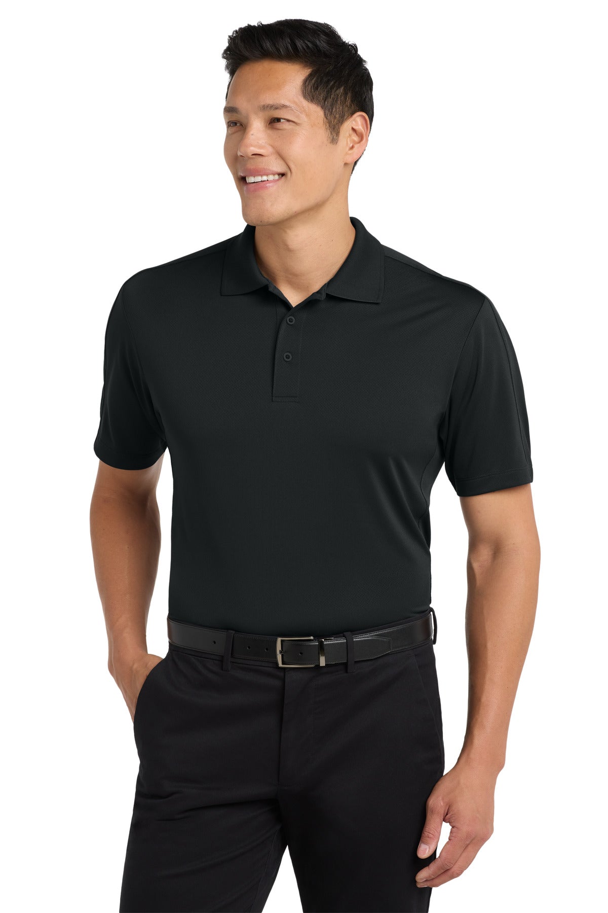 Front View of Black Port Authority Diamond Jacquard Polo. K569 plain