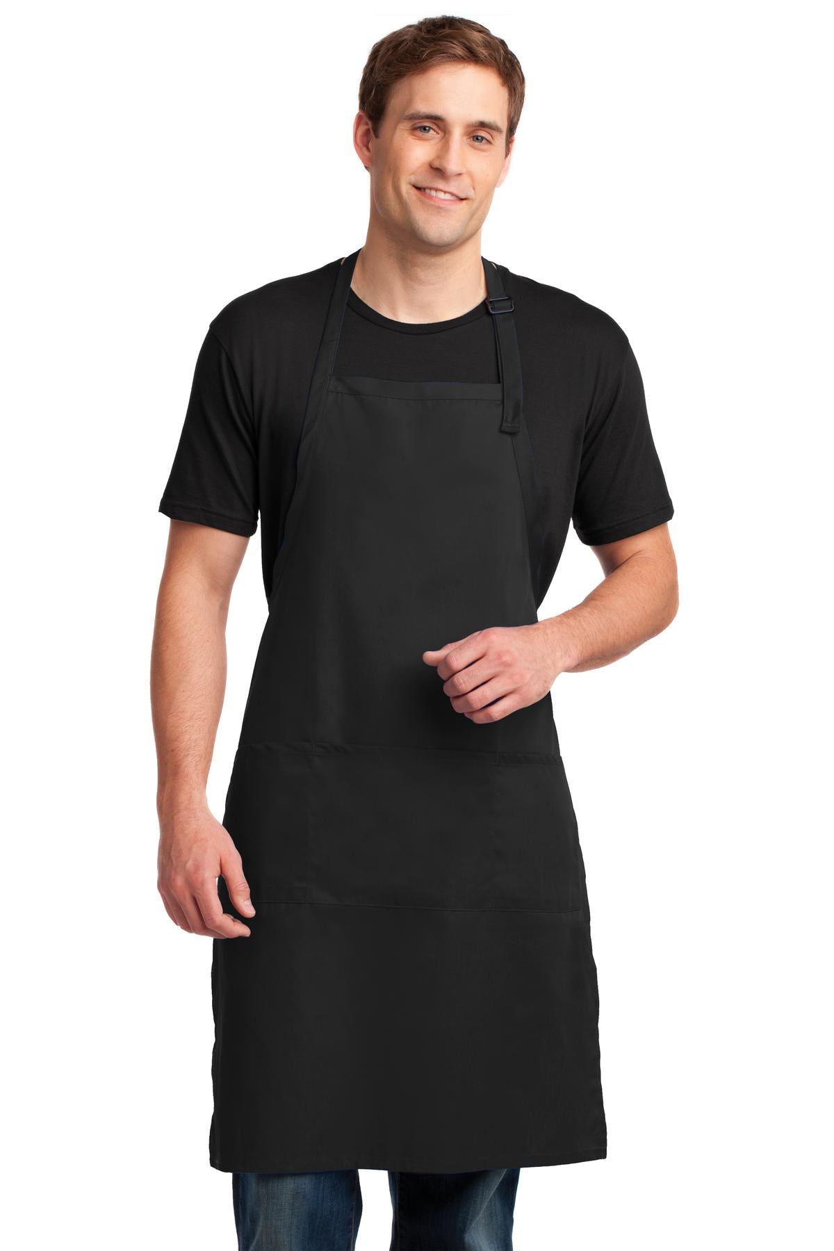 Front View of Black Port Authority Easy Care Extra Long Bib Apron with Stain Release. A700 plain