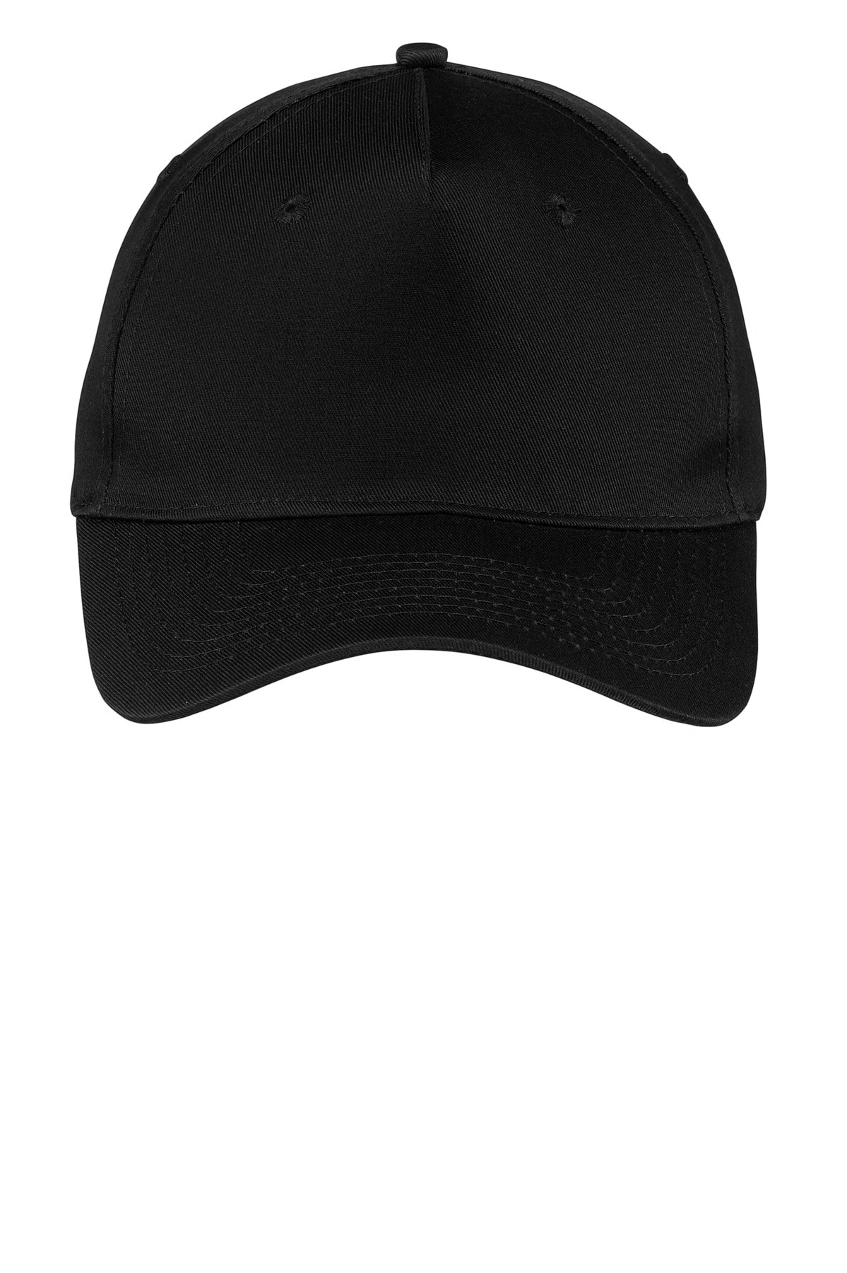 Front View of Black Port Authority Five-Panel Twill Cap. CP86 plain