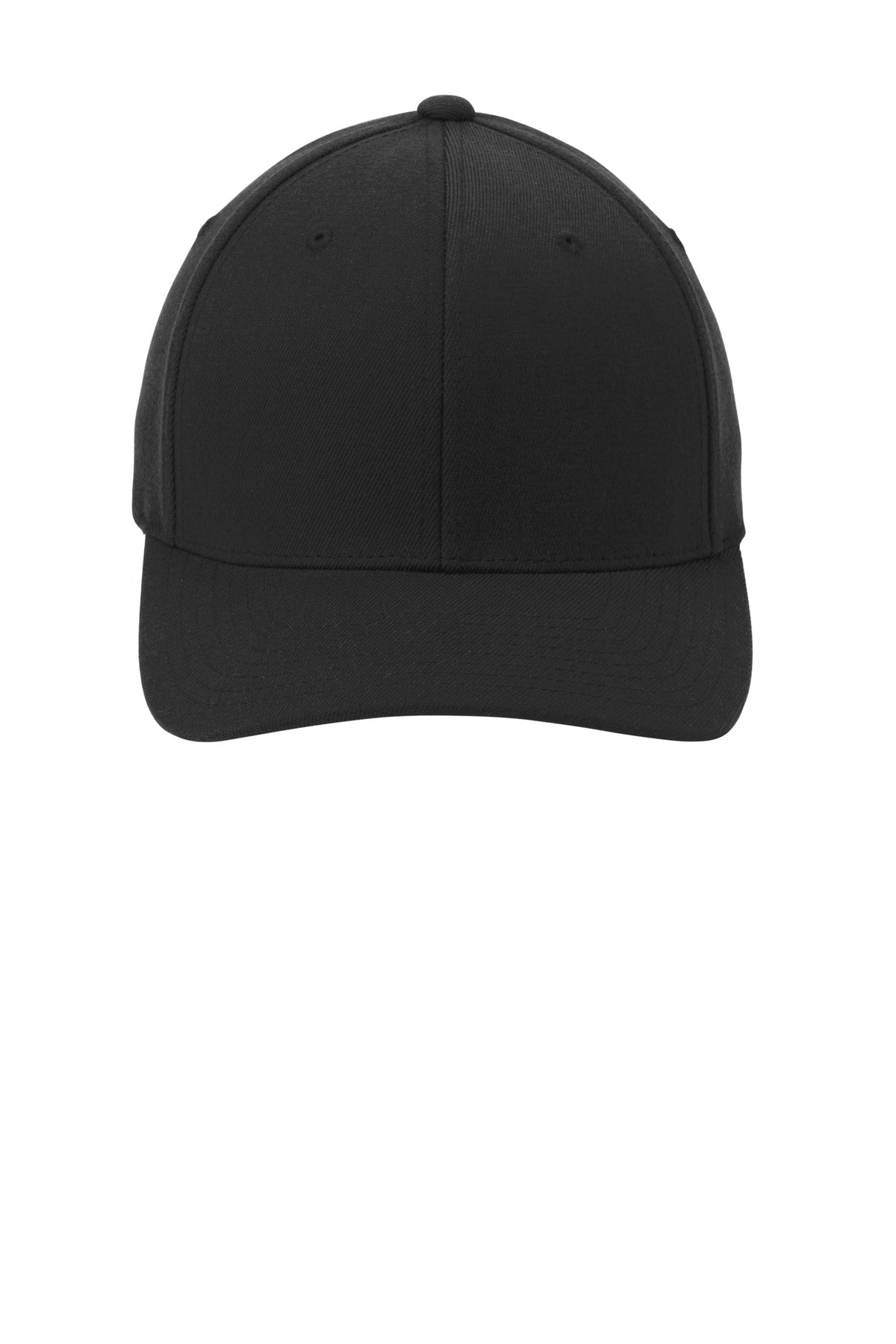 Front View of Black Port Authority Flexfit Wool Blend Cap. C928 plain