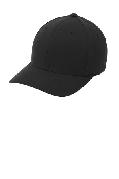 Front View of Black Port Authority Flexfit Wool Blend Cap. C928 plain