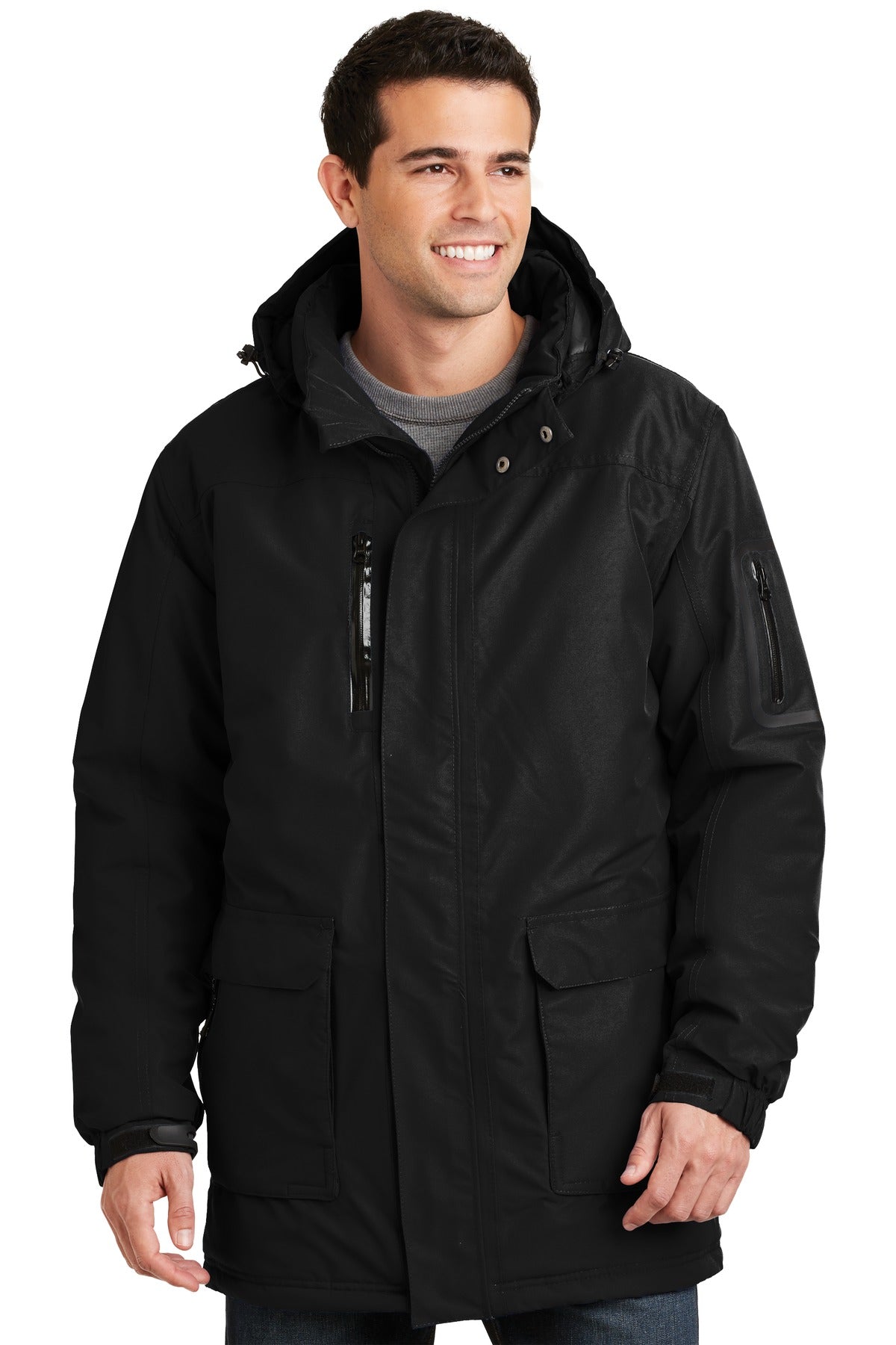 Front View of Black Port Authority Heavyweight Parka. J799 plain
