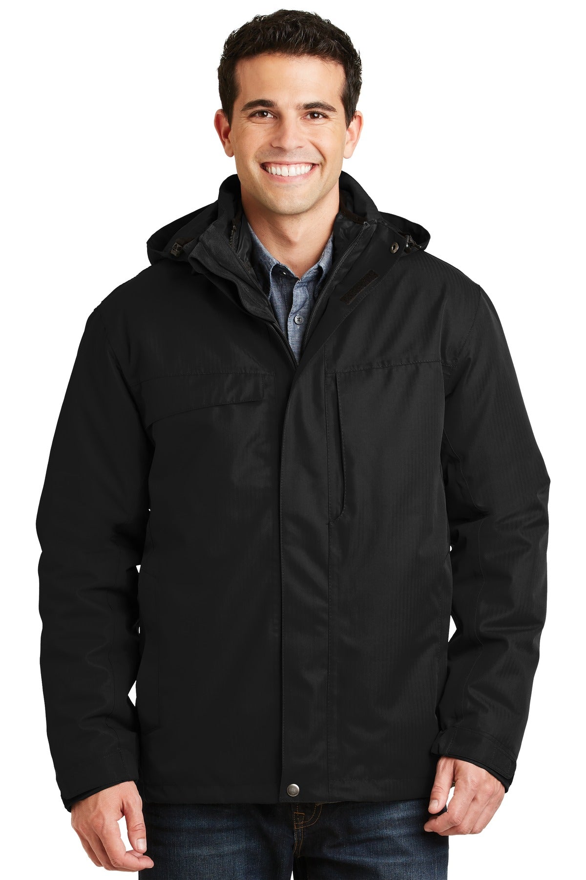 Front View of Black Port Authority Herringbone 3-in-1 Parka. J302 plain