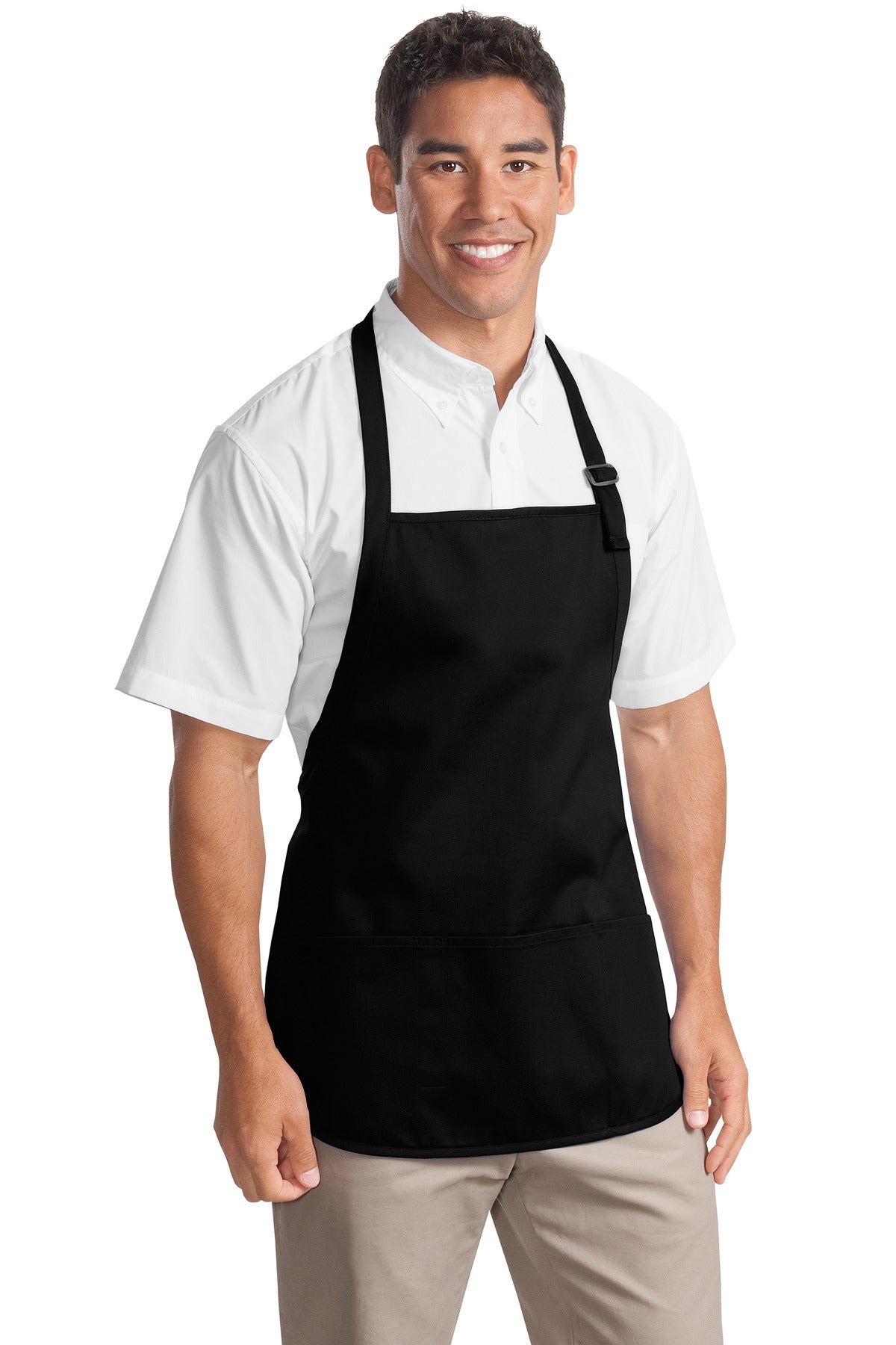 Front View of Black Port Authority Medium-Length Apron with Pouch Pockets. A510 plain