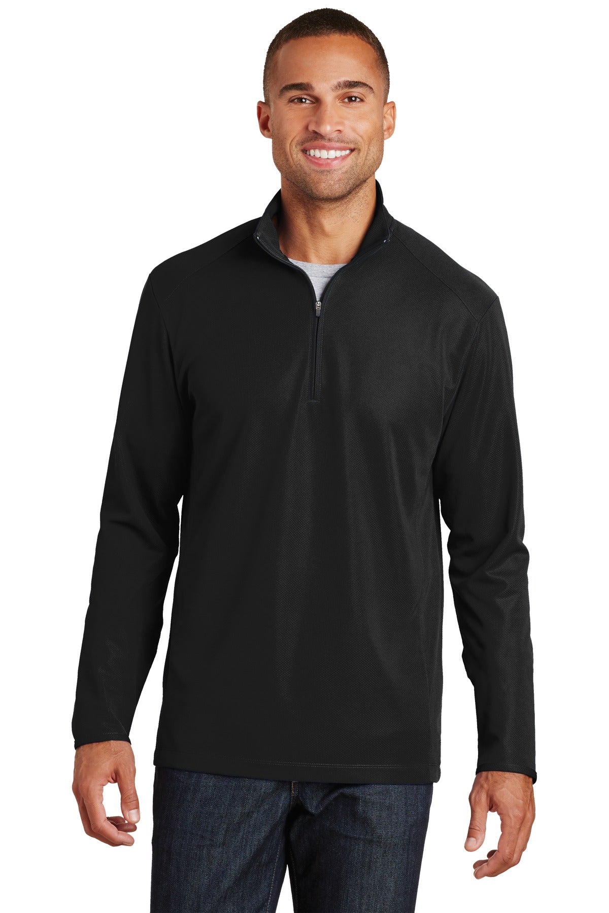Front View of Black Port Authority Pinpoint Mesh 1/2-Zip. K806 plain
