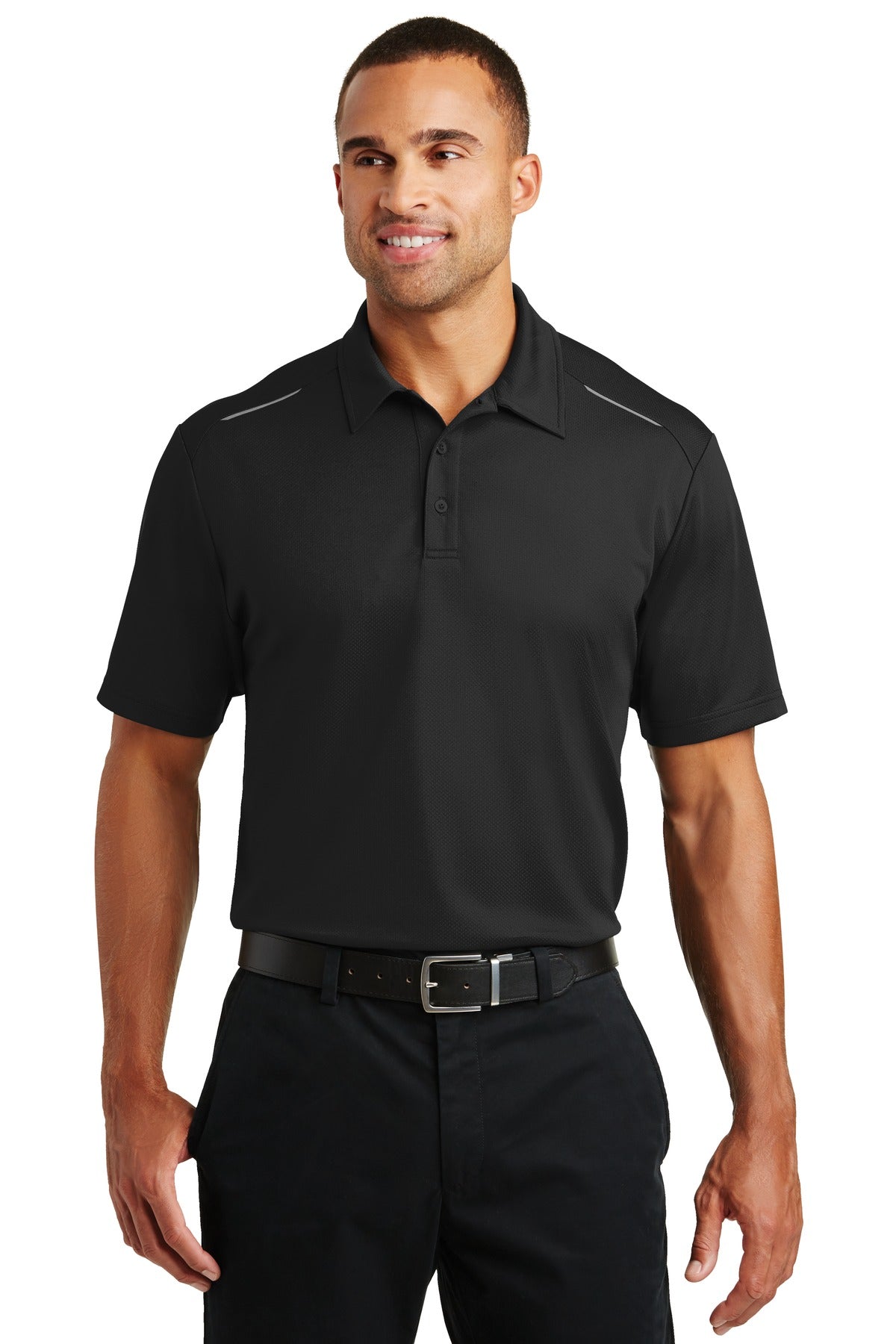 Front View of Black Port Authority Pinpoint Mesh Polo. K580 plain