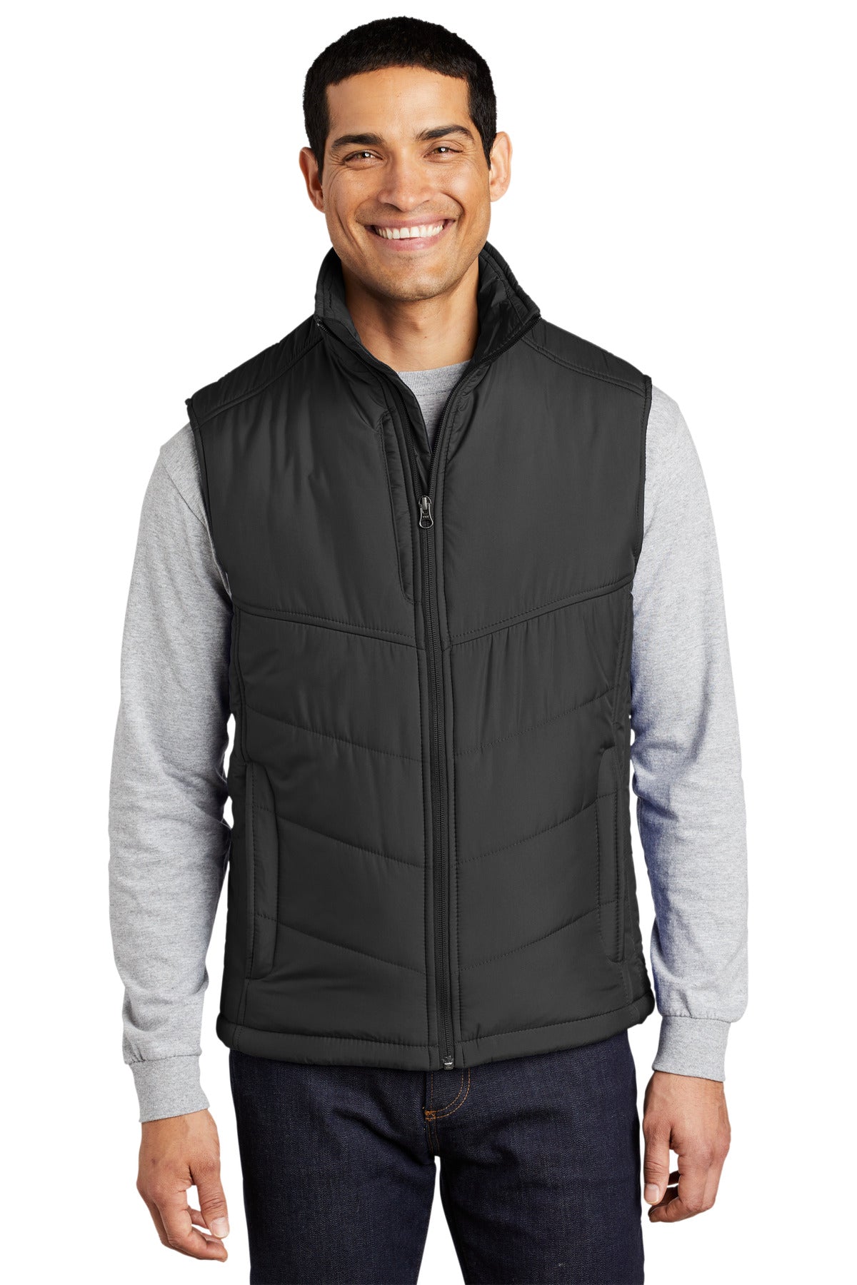 Front View of Black Port Authority Puffy Vest. J709 plain