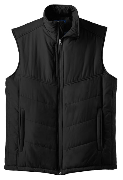 Front View of Black Port Authority Puffy Vest. J709 plain