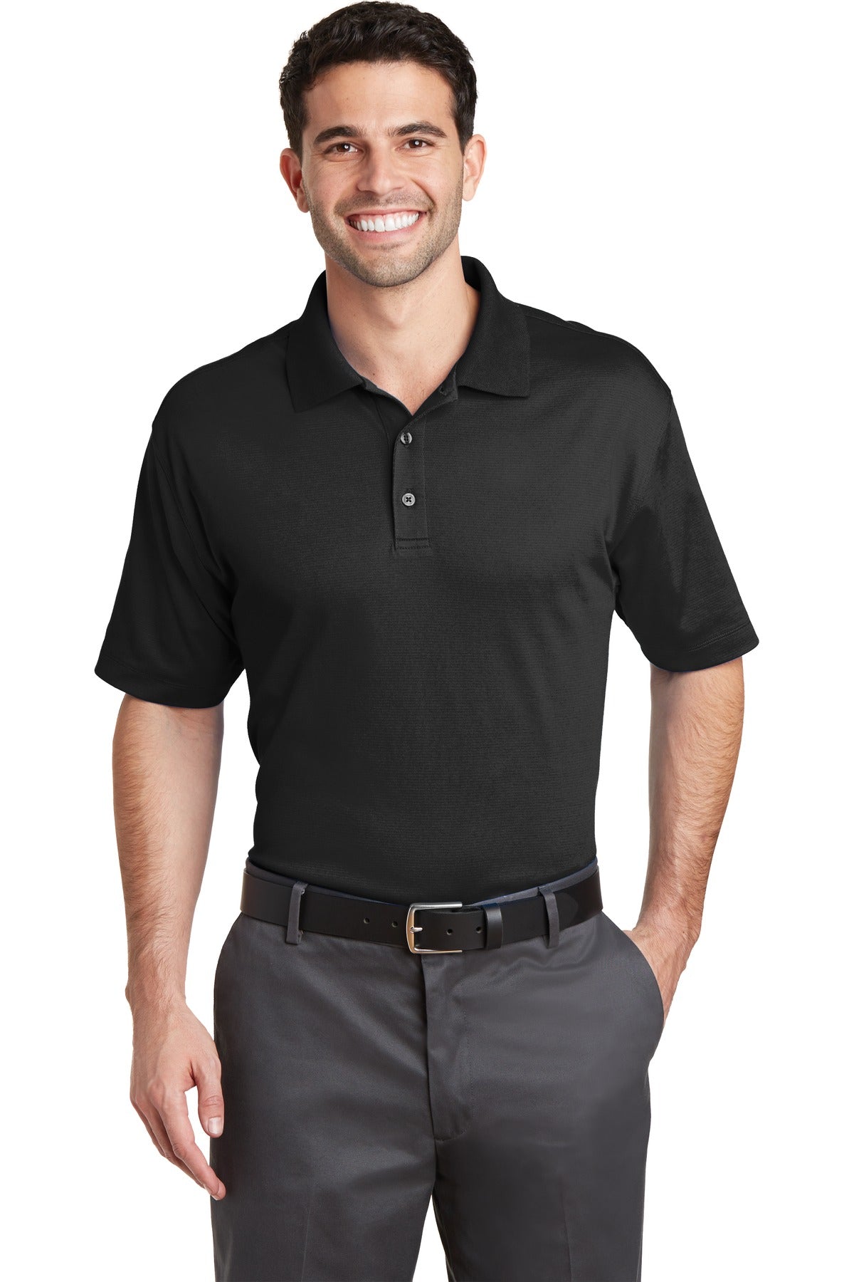 Front View of Black Port Authority Rapid Dry Mesh Polo. K573 plain