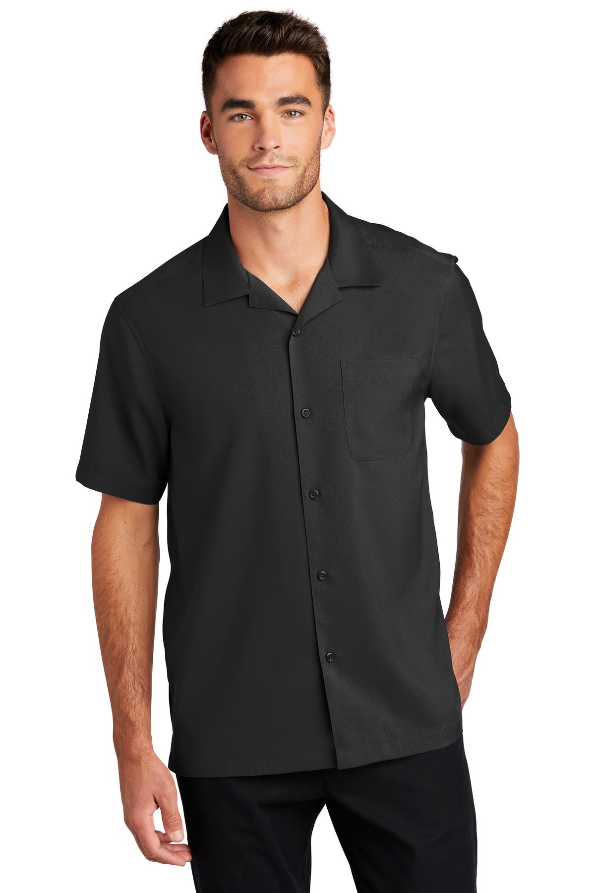 Front View of Black Port Authority Short Sleeve Performance Staff Shirt W400 plain