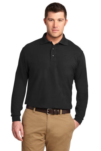 Front View of Black Port Authority Silk Touch Long Sleeve Polo. K500LS plain