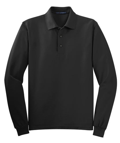 Front View of Black Port Authority Silk Touch Long Sleeve Polo. K500LS plain