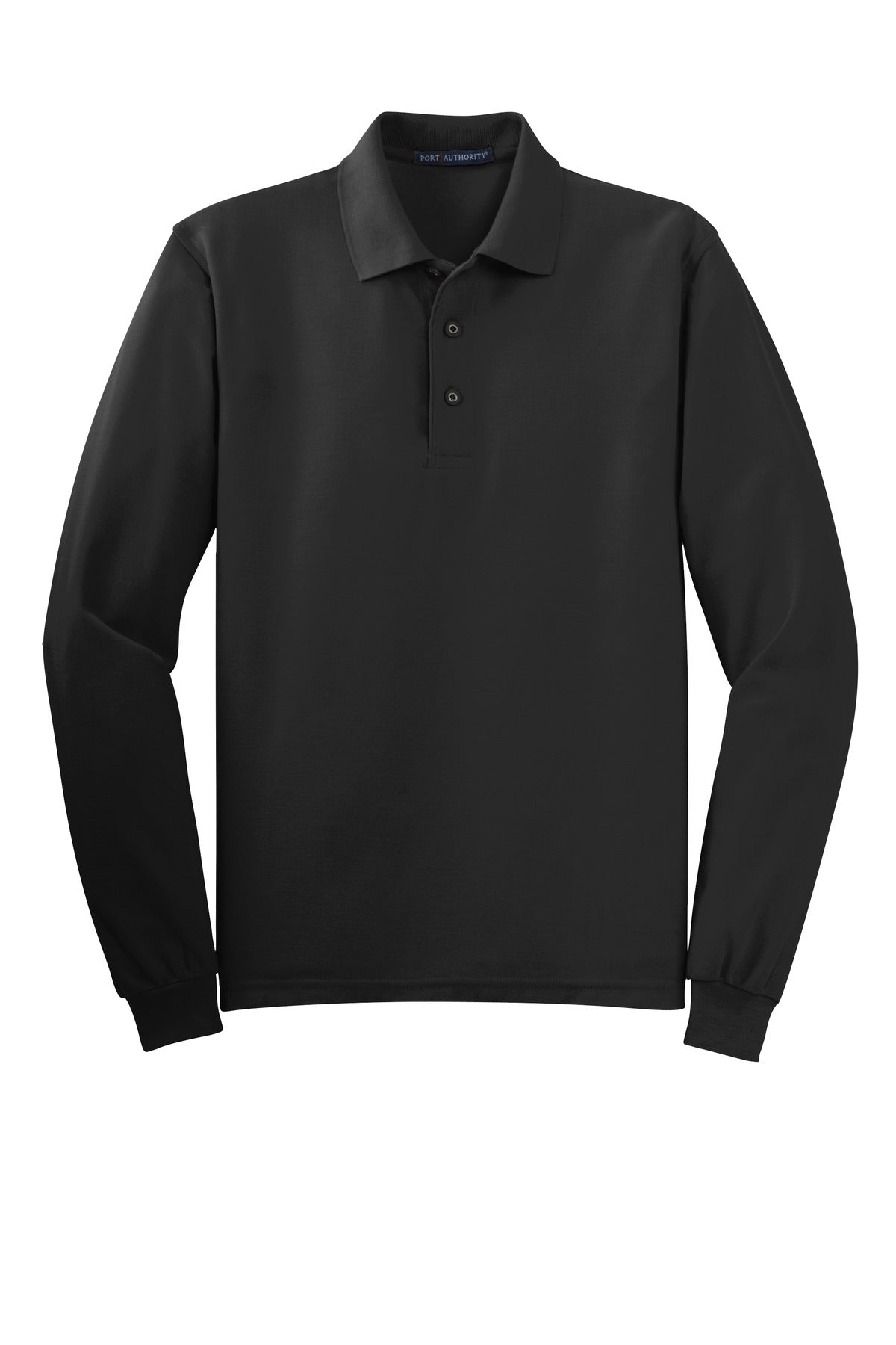 Front View of Black Port Authority Silk Touch Long Sleeve Polo. K500LS
