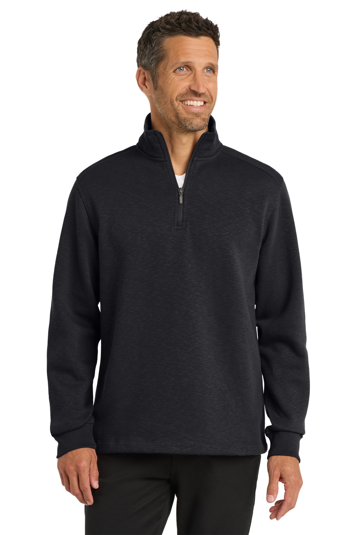 Front View of Black Port Authority Slub Fleece 1/4-Zip Pullover. F295 plain